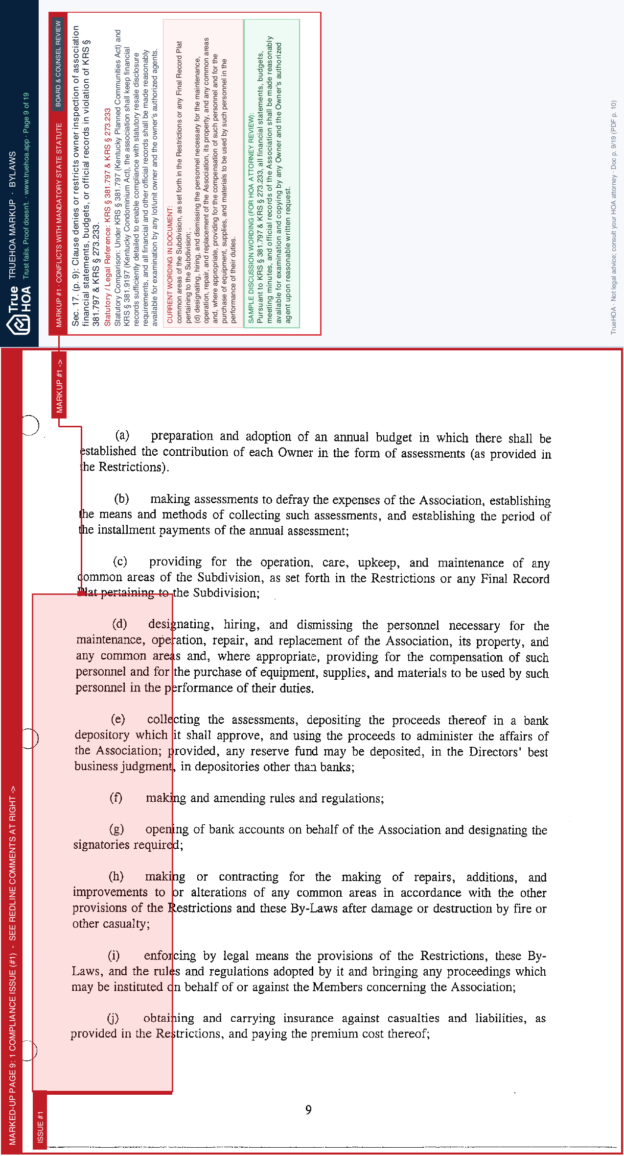 Cherry Blossom Village HOA Governing Bylaws page 9 widened with TrueHOA Crystal AI margin annotations