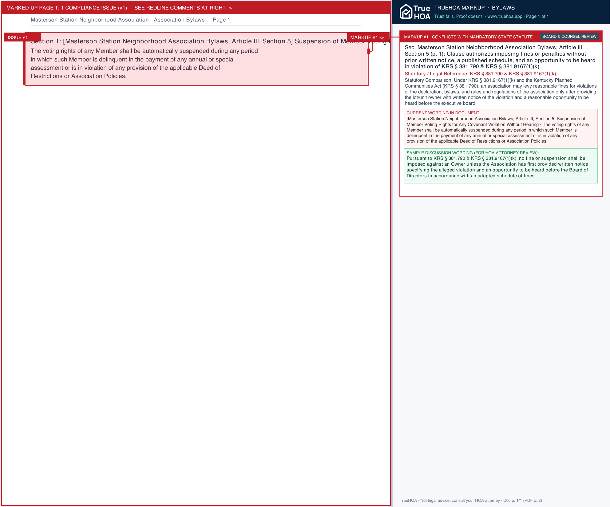 Masterson Station Neighborhood Association Association Bylaws page 1 widened with TrueHOA Crystal AI margin annotations