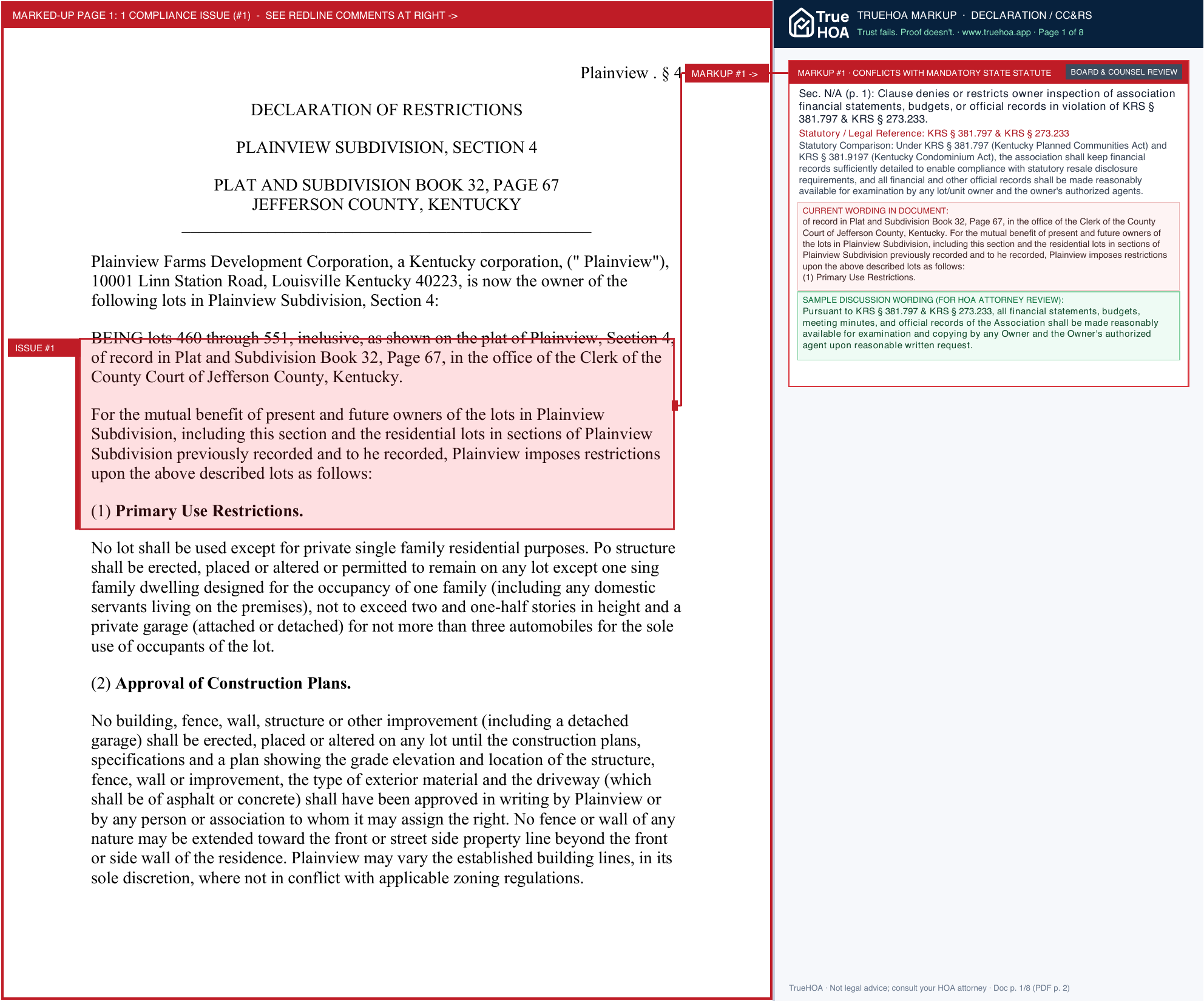 Plainview Residents Association Plainview Deed Restrictions page 1 widened with TrueHOA Crystal AI margin annotations
