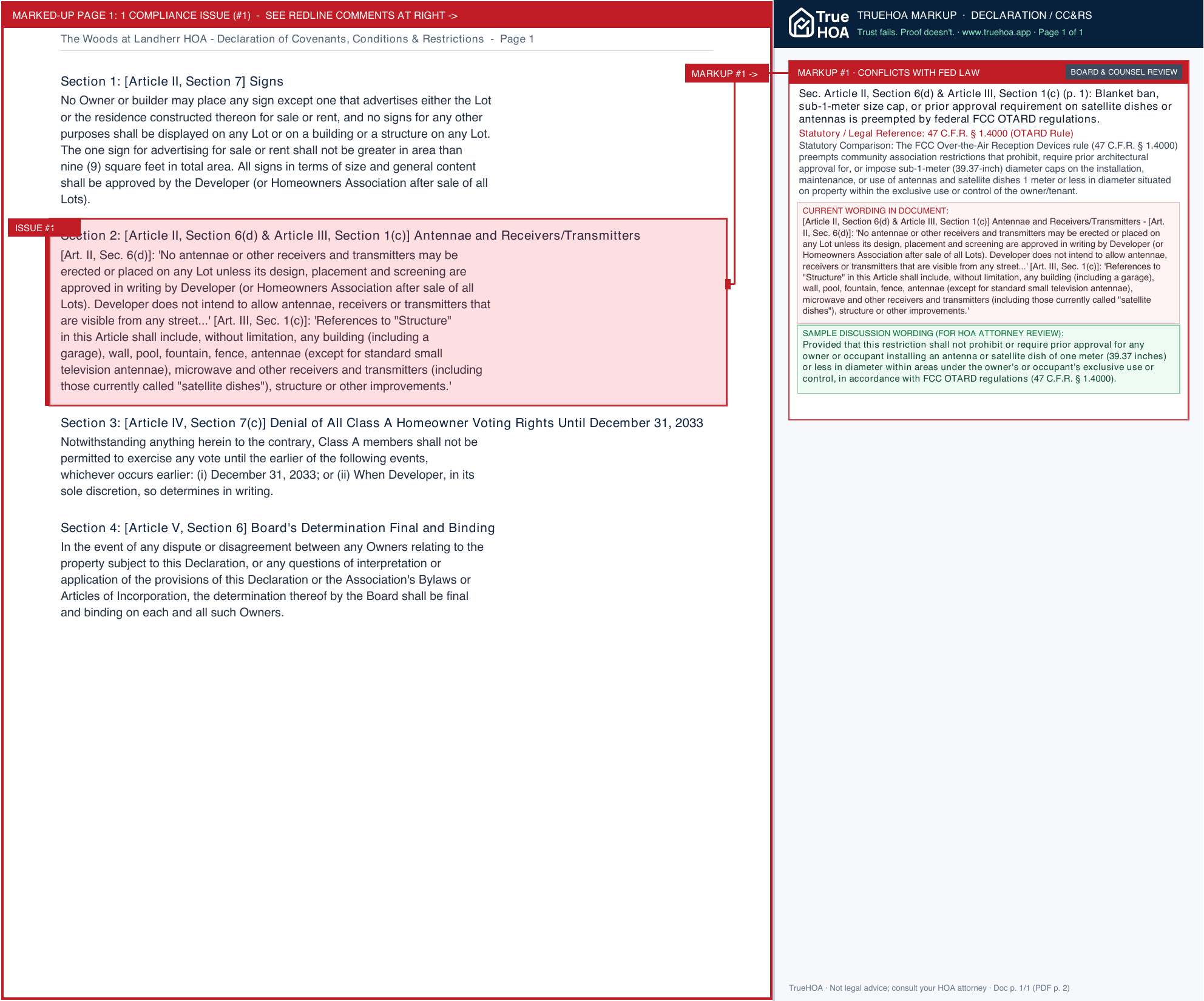 The Woods at Landherr HOA Declaration of Covenants, Conditions & Restrictions page 1 widened with TrueHOA Crystal AI margin annotations