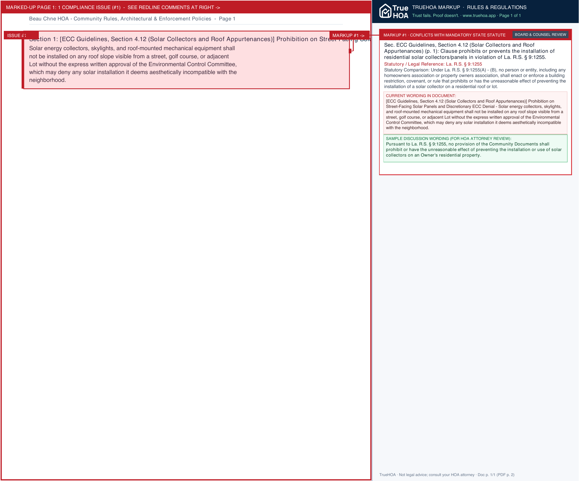 Beau Chêne HOA Community Rules, Architectural & Enforcement Policies page 1 widened with TrueHOA Crystal AI margin annotations