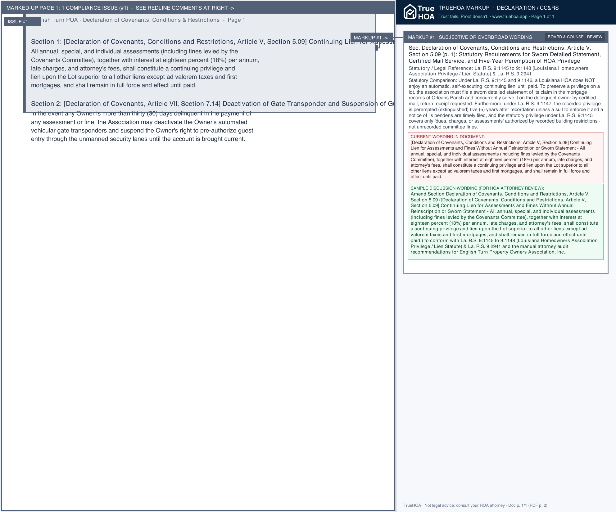 English Turn POA Declaration of Covenants, Conditions & Restrictions page 1 widened with TrueHOA Crystal AI margin annotations