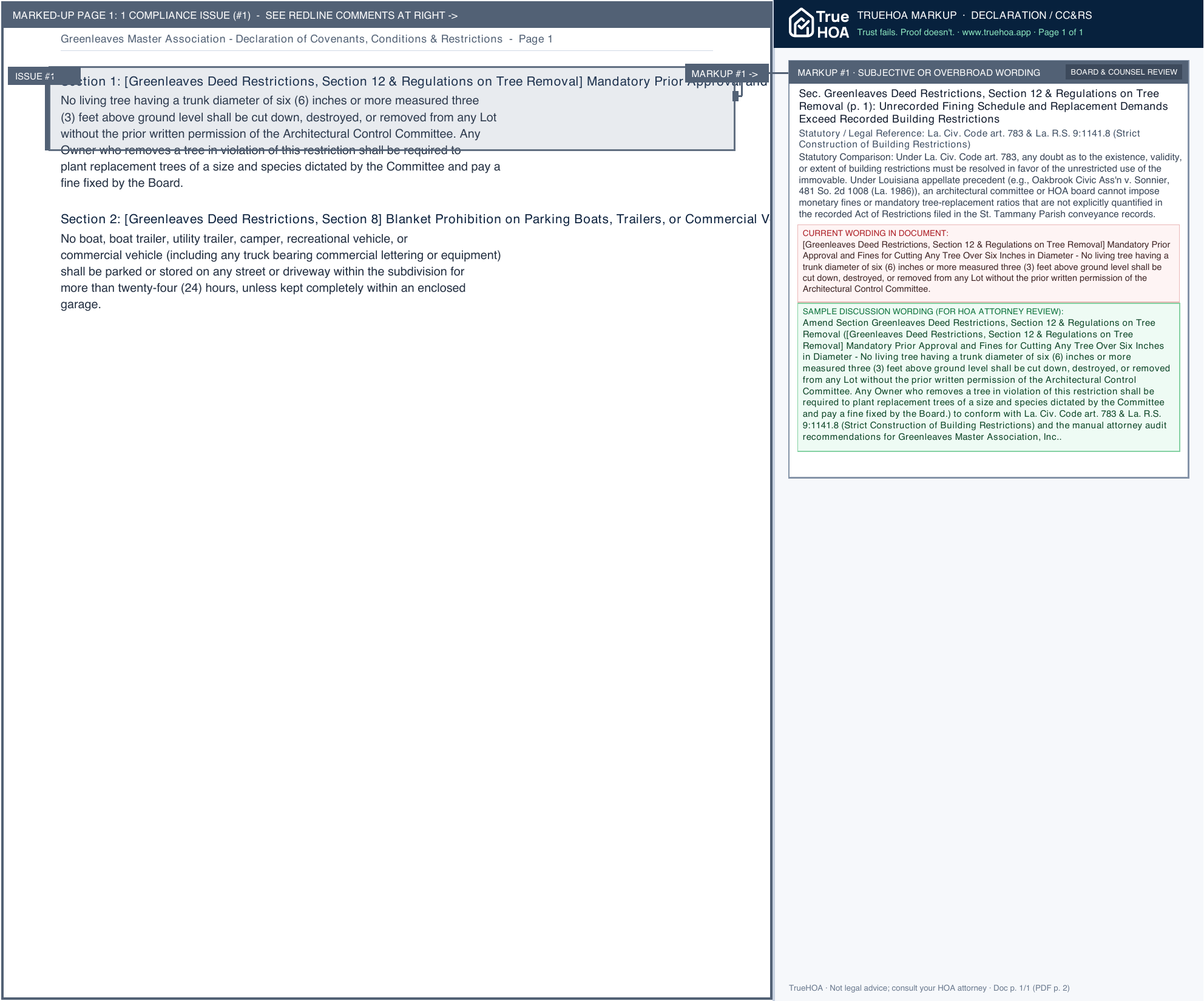 Greenleaves Master Association Declaration of Covenants, Conditions & Restrictions page 1 widened with TrueHOA Crystal AI margin annotations