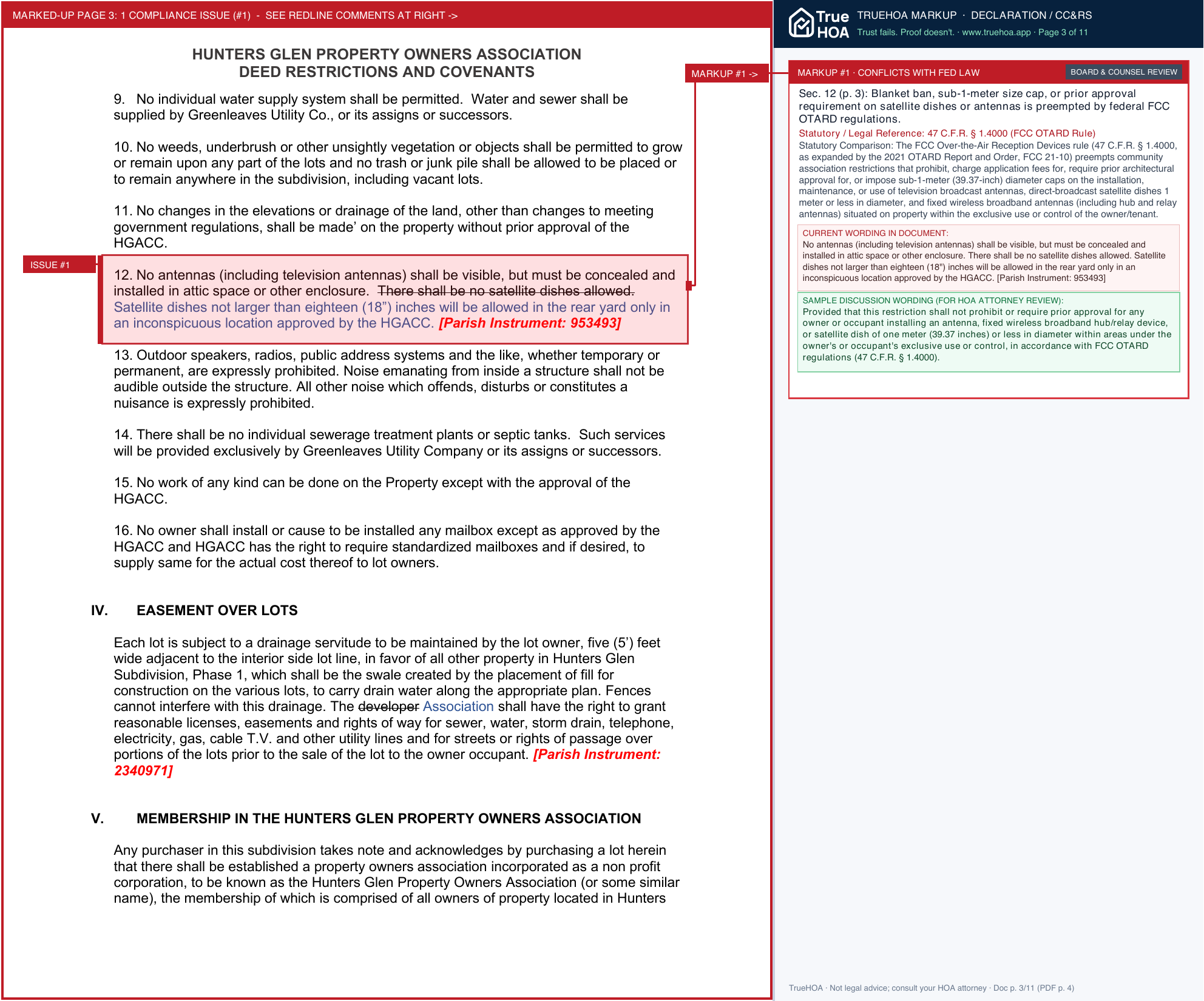 Hunters Glen POA Deed Restrictions & Covenants page 3 widened with TrueHOA Crystal AI margin annotations