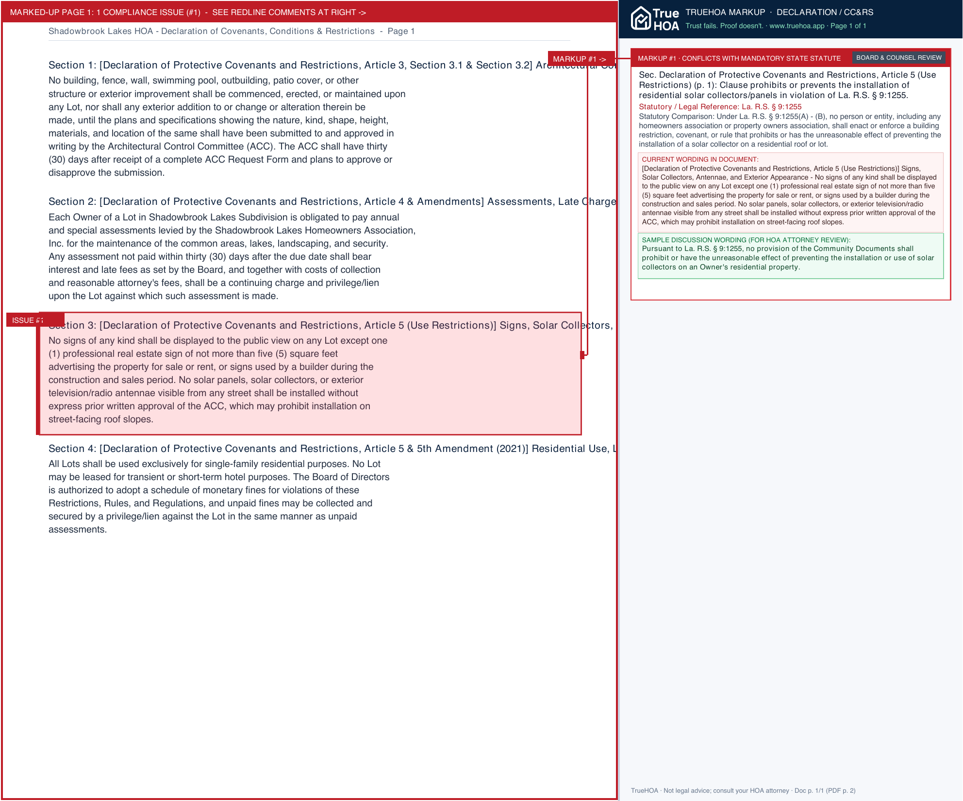 Shadowbrook Lakes HOA Declaration of Covenants, Conditions & Restrictions page 1 widened with TrueHOA Crystal AI margin annotations