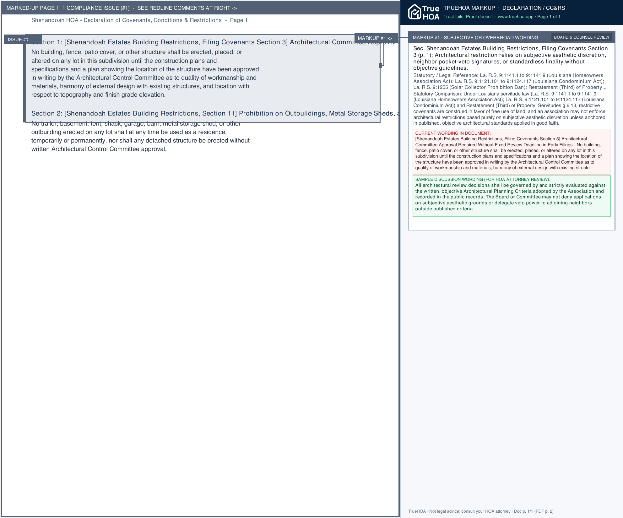 Shenandoah HOA Declaration of Covenants, Conditions & Restrictions page 1 widened with TrueHOA Crystal AI margin annotations