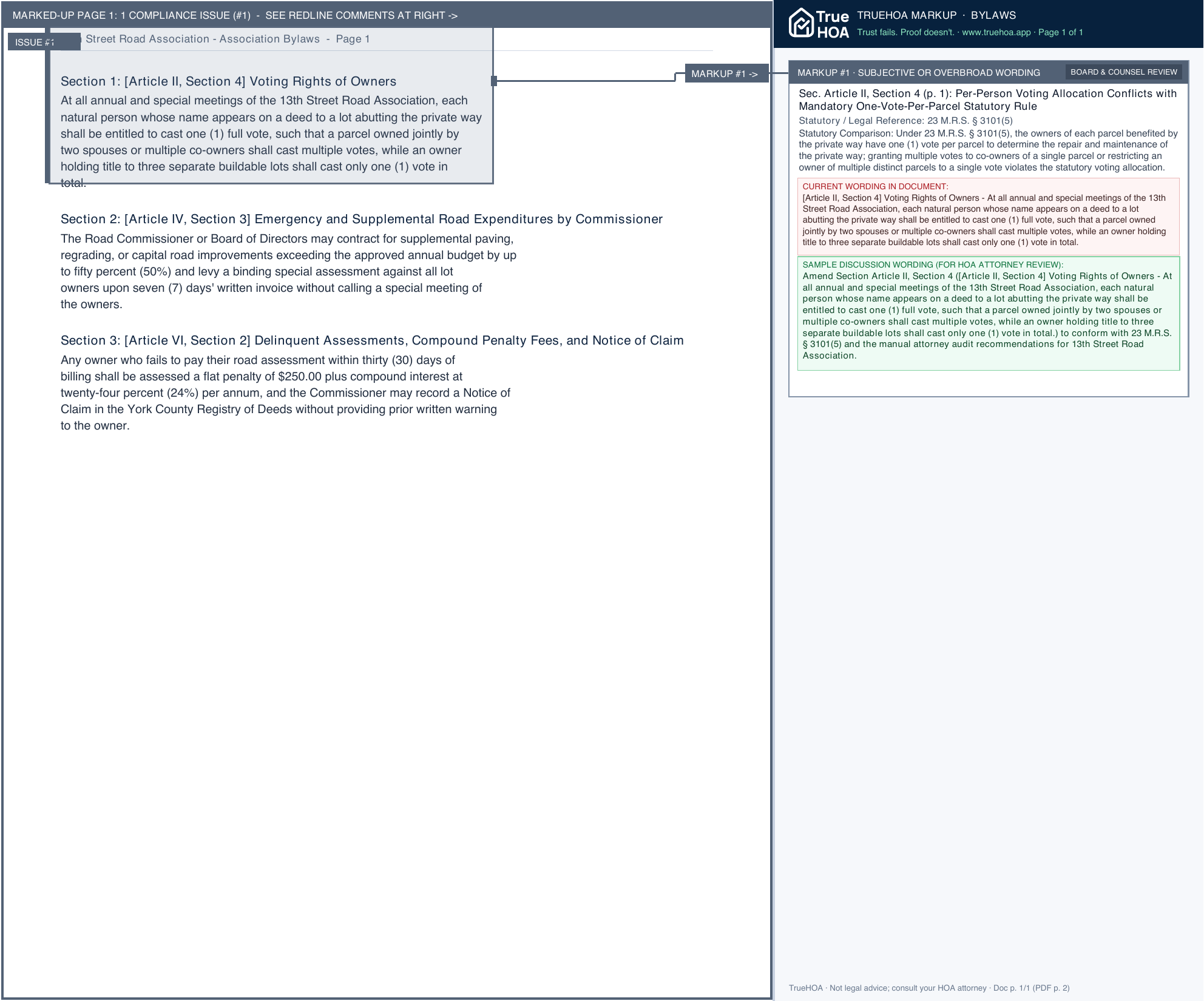 13th Street Road Association Association Bylaws page 1 widened with TrueHOA Crystal AI margin annotations