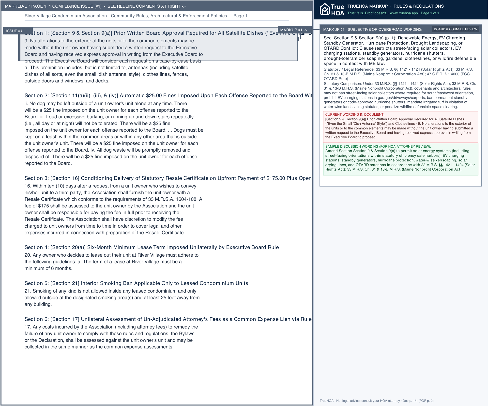 River Village Condominium Association Community Rules, Architectural & Enforcement Policies page 1 widened with TrueHOA Crystal AI margin annotations