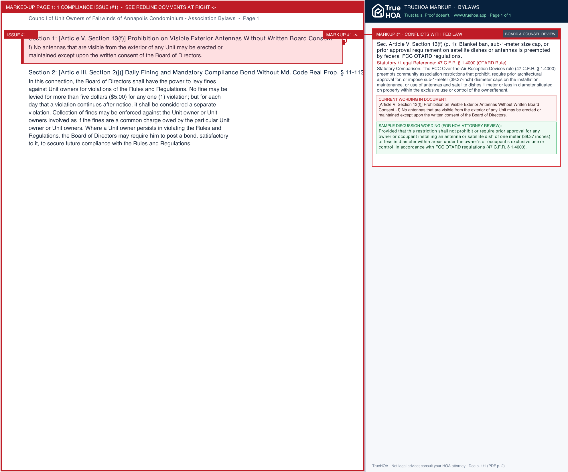 Council of Unit Owners of Fairwinds of Annapolis Condominium Association Bylaws page 1 widened with TrueHOA Crystal AI margin annotations