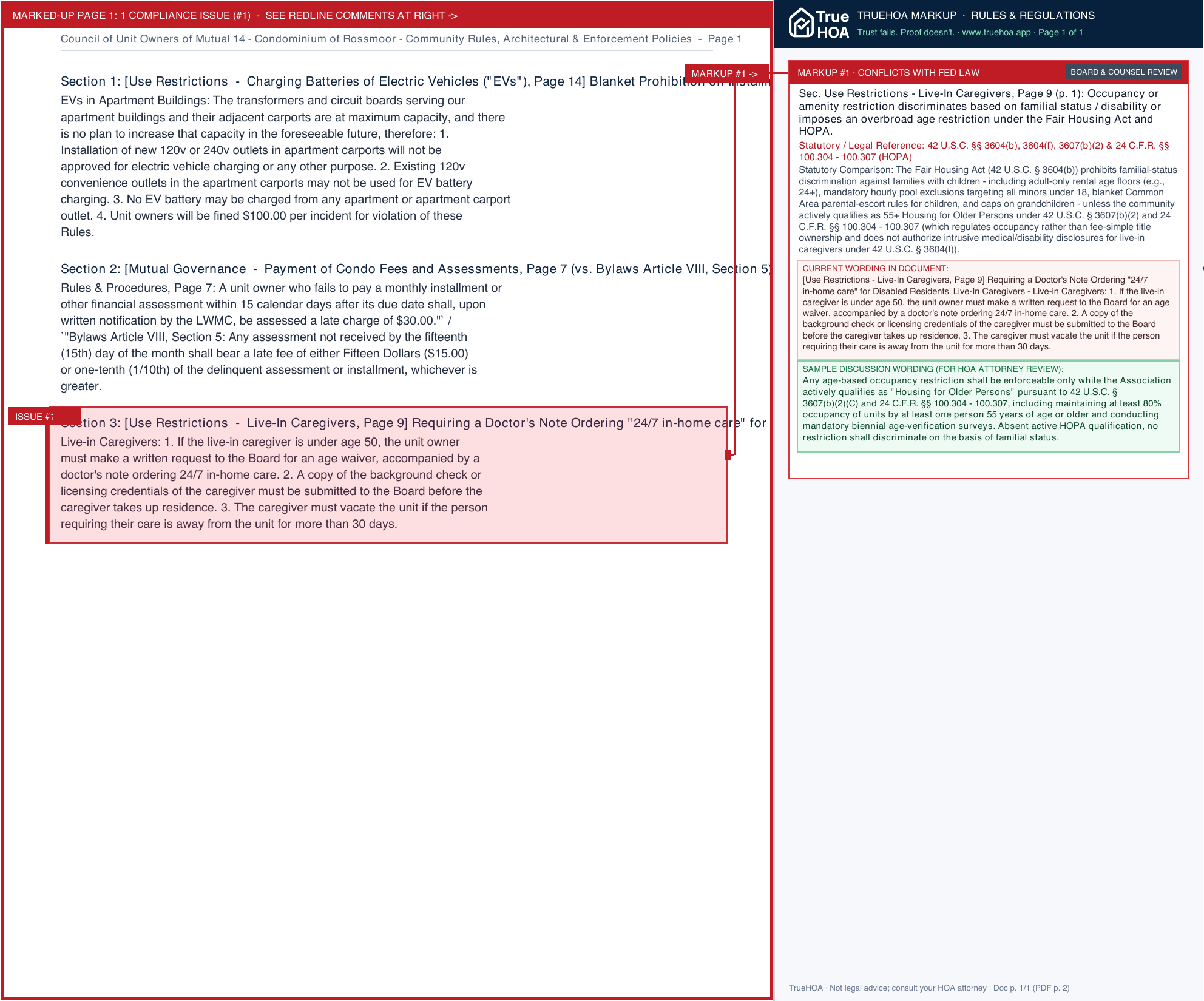 Council of Unit Owners of Mutual 14 - Condominium of Rossmoor Community Rules, Architectural & Enforcement Policies page 1 widened with TrueHOA Crystal AI margin annotations