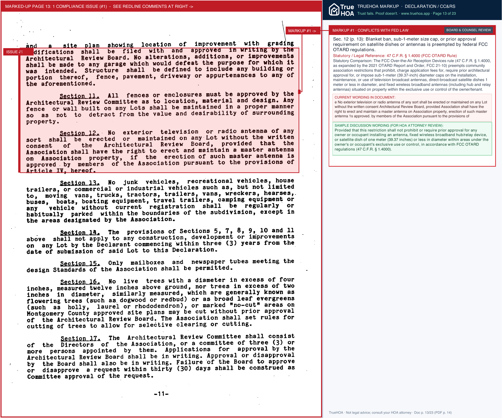 Orchard Valley HOA Ovhoa Declaration Of Covenants page 13 widened with TrueHOA Crystal AI margin annotations