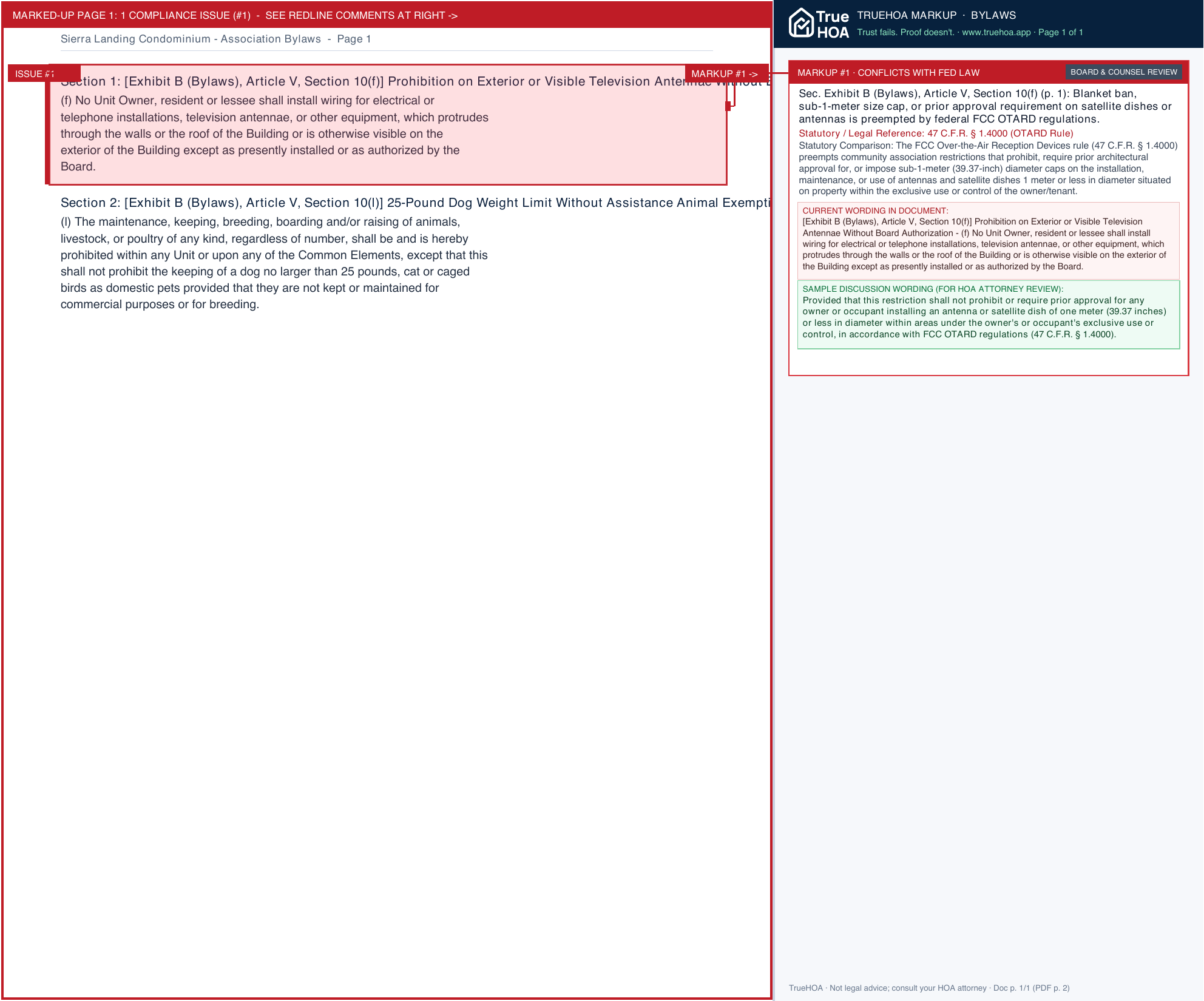 Sierra Landing Condominium Association Bylaws page 1 widened with TrueHOA Crystal AI margin annotations