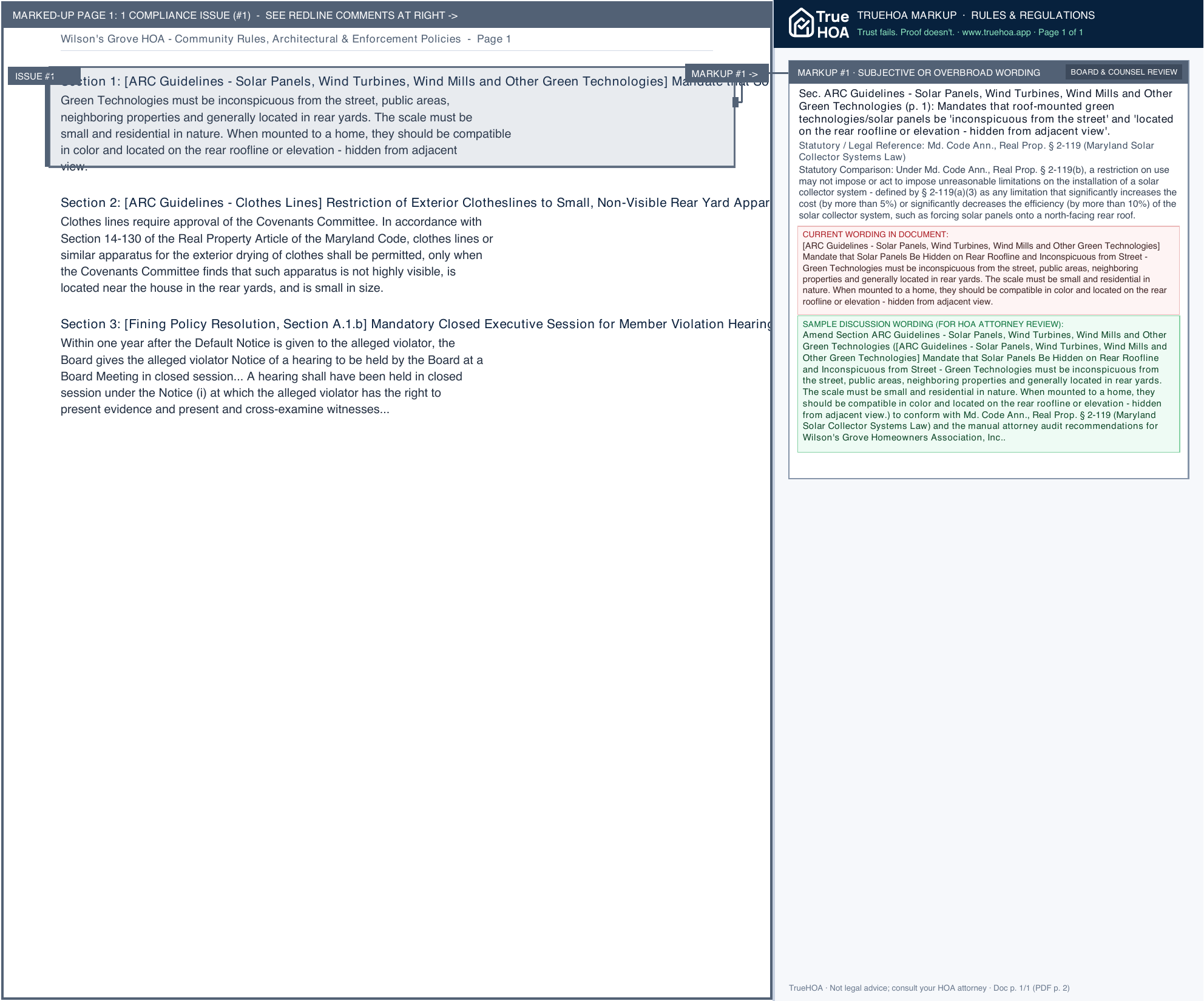 Wilson's Grove HOA Community Rules, Architectural & Enforcement Policies page 1 widened with TrueHOA Crystal AI margin annotations