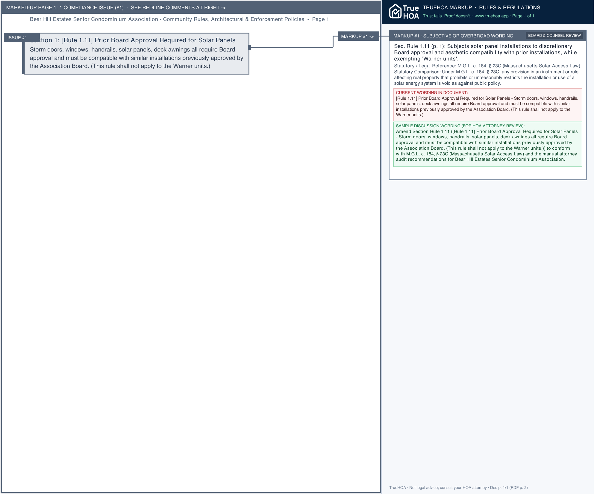 Bear Hill Estates Senior Condominium Association Community Rules, Architectural & Enforcement Policies page 1 widened with TrueHOA Crystal AI margin annotations