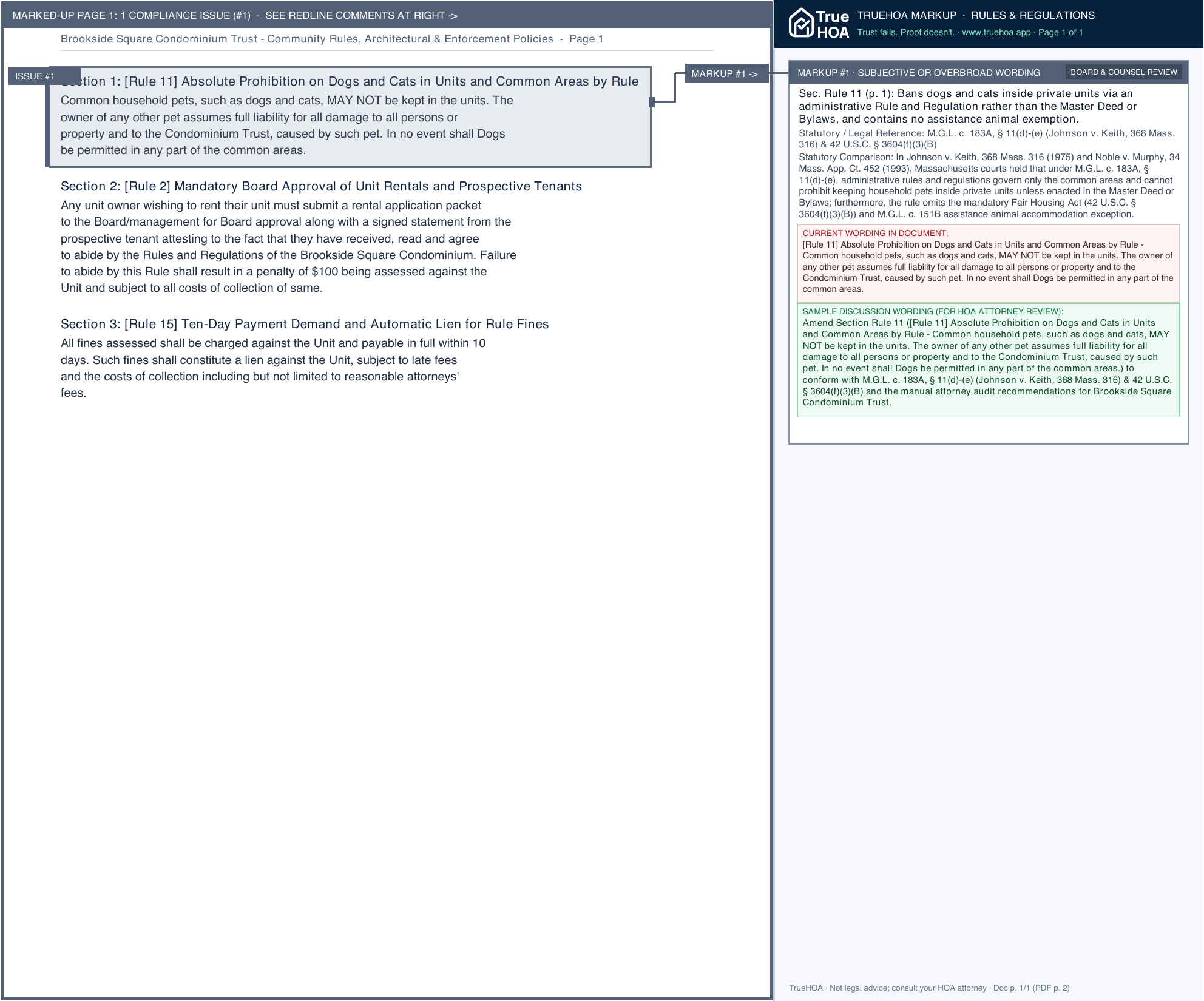 Brookside Square Condominium Trust Community Rules, Architectural & Enforcement Policies page 1 widened with TrueHOA Crystal AI margin annotations