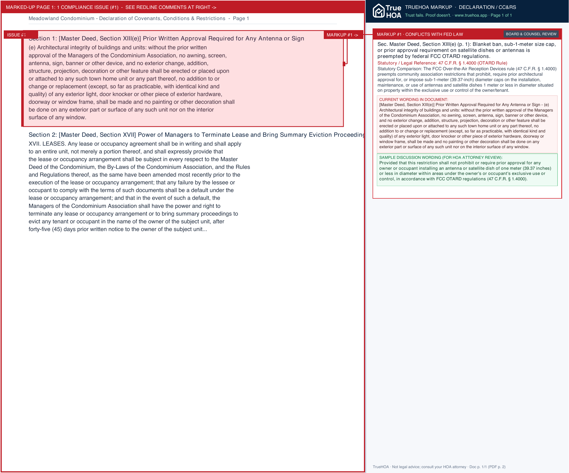 Meadowland Condominium Declaration of Covenants, Conditions & Restrictions page 1 widened with TrueHOA Crystal AI margin annotations