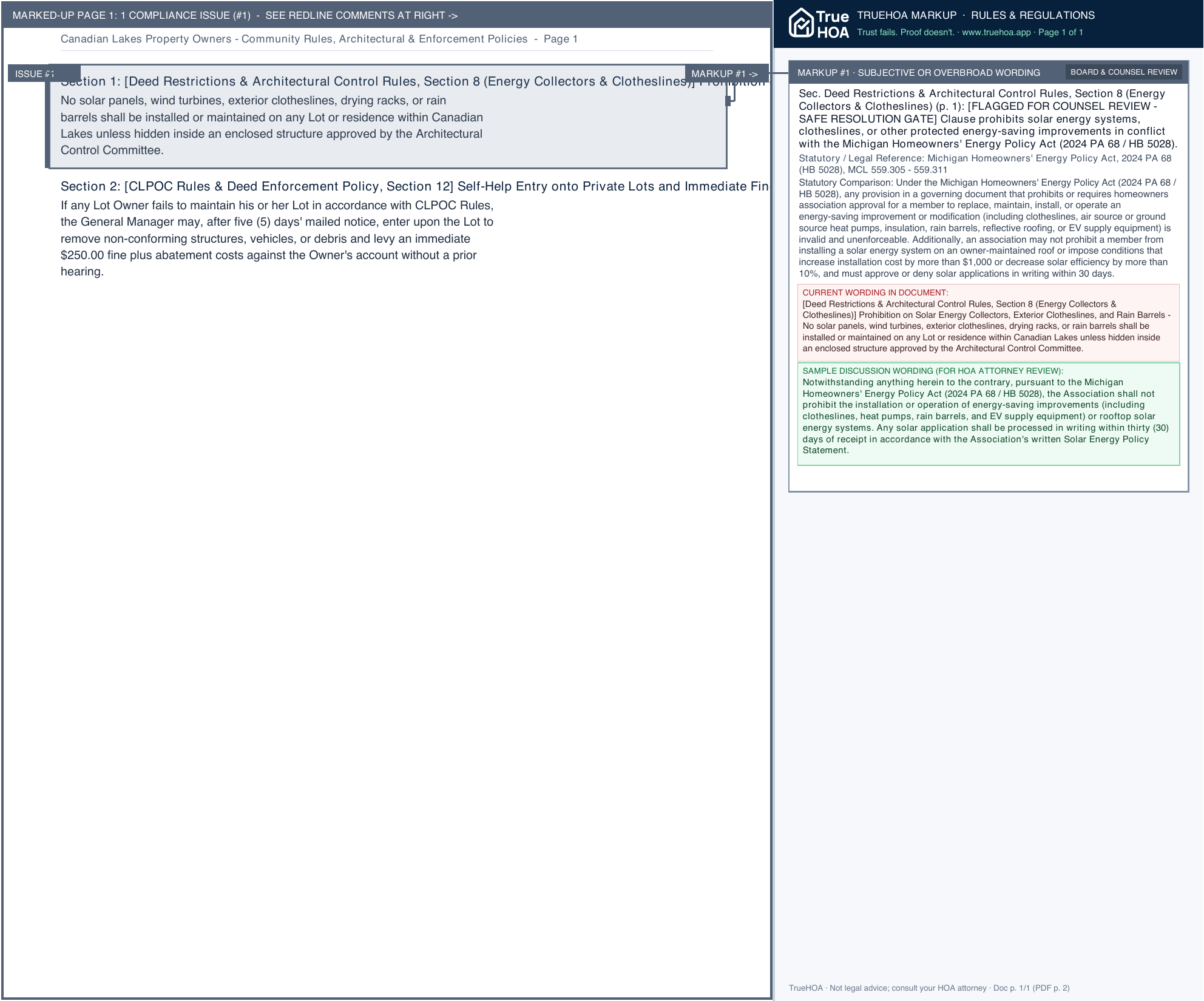 Canadian Lakes Property Owners Community Rules, Architectural & Enforcement Policies page 1 widened with TrueHOA Crystal AI margin annotations