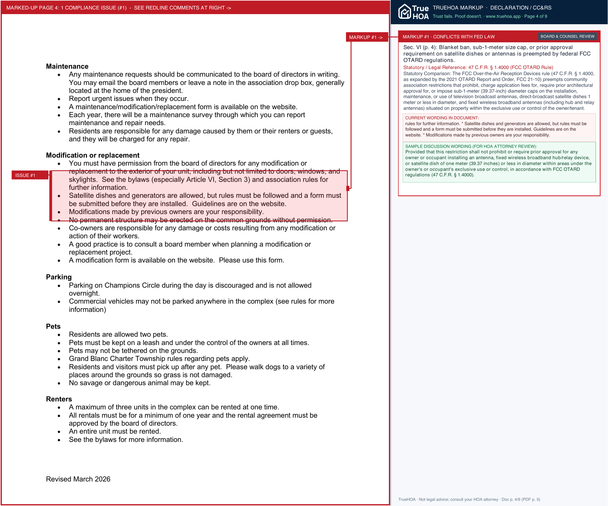 Champions Club Condominium Association Resident Guide March 2026 page 4 widened with TrueHOA Crystal AI margin annotations