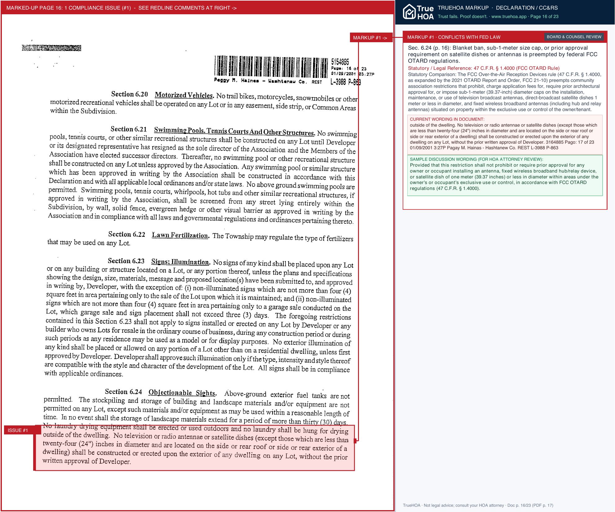 Greene Farms HOA Phases 3 & 5 Declaration of Covenants page 16 widened with TrueHOA Crystal AI margin annotations