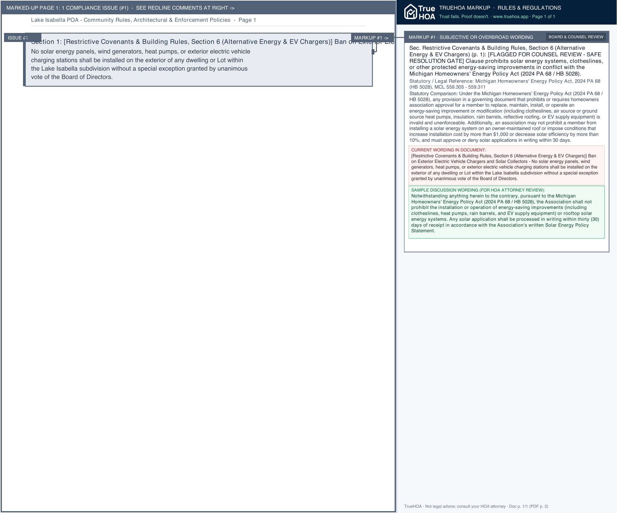 Lake Isabella POA Community Rules, Architectural & Enforcement Policies page 1 widened with TrueHOA Crystal AI margin annotations