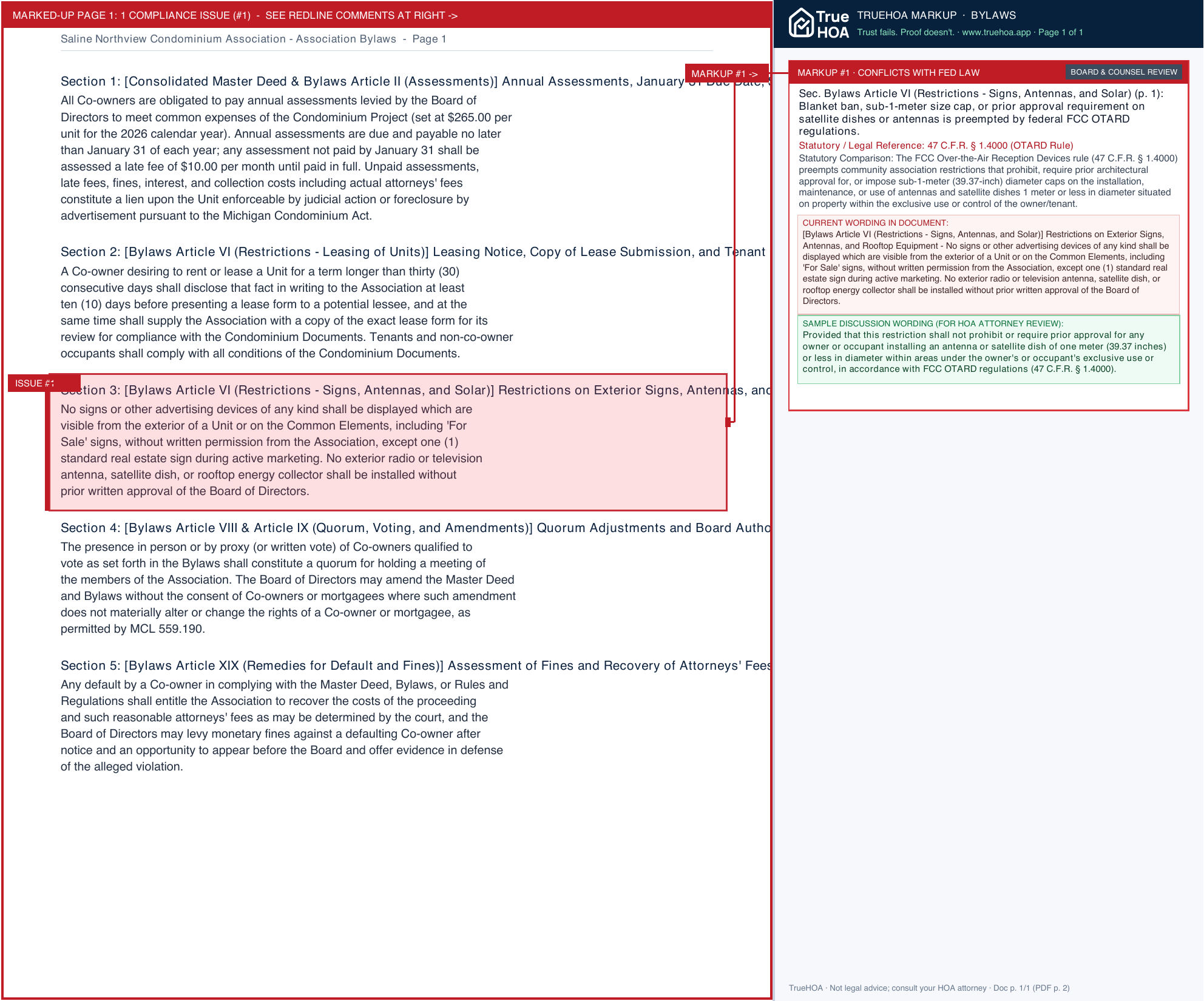 Saline Northview Condominium Association Association Bylaws page 1 widened with TrueHOA Crystal AI margin annotations