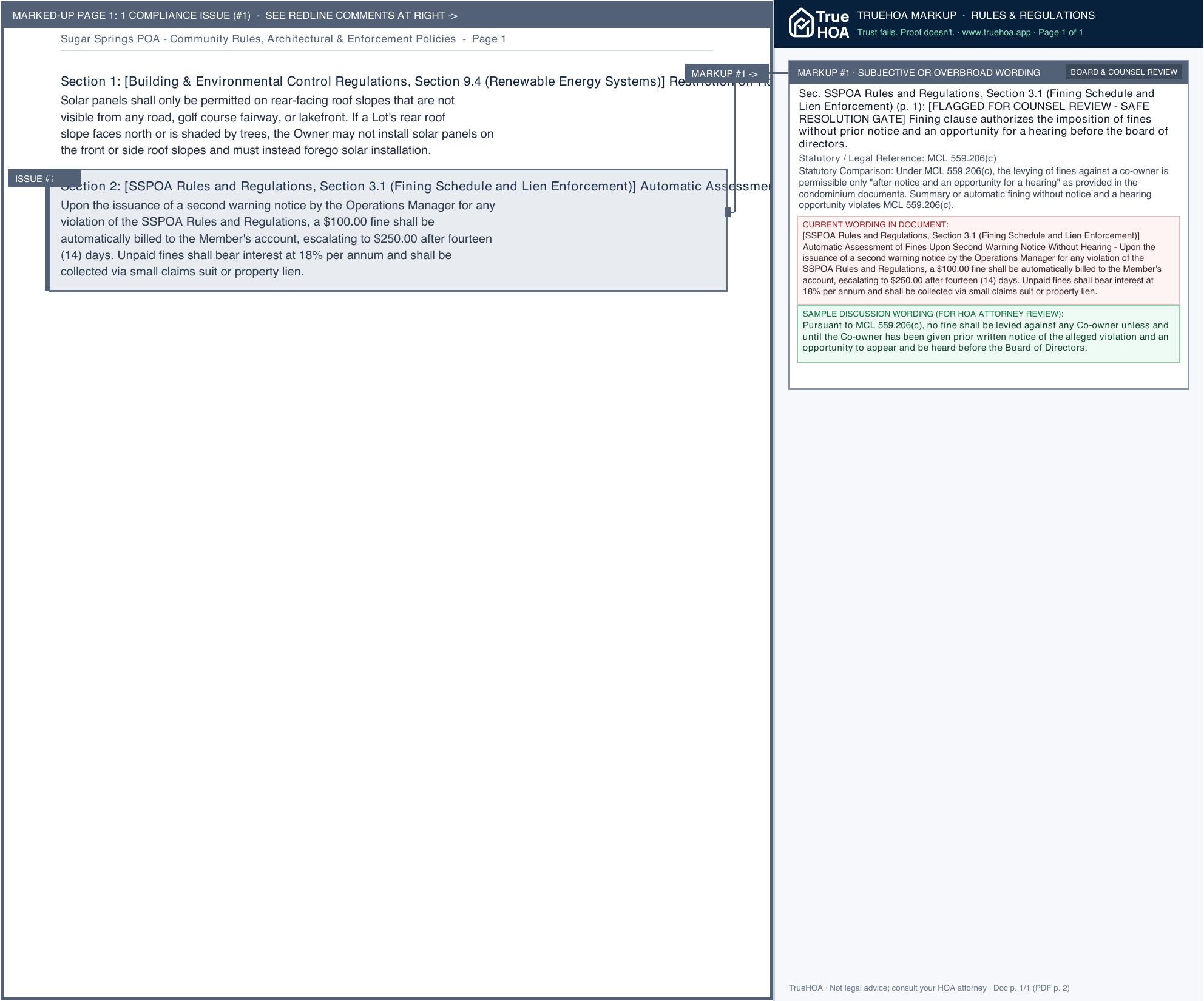 Sugar Springs POA Community Rules, Architectural & Enforcement Policies page 1 widened with TrueHOA Crystal AI margin annotations