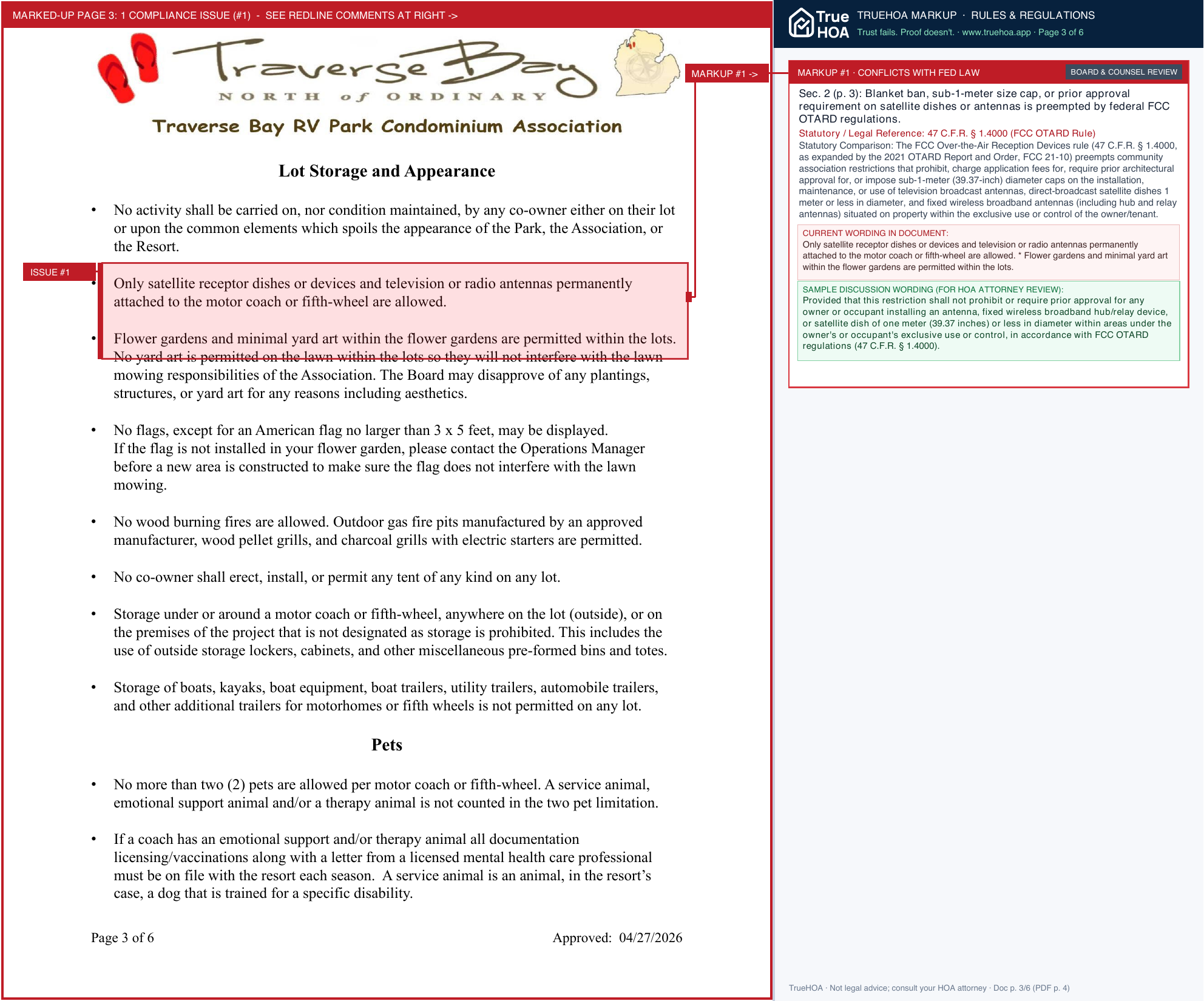 Traverse Bay RV Condominium Association Association Rules and Regulations Approved 04 27 2026 page 3 widened with TrueHOA Crystal AI margin annotations
