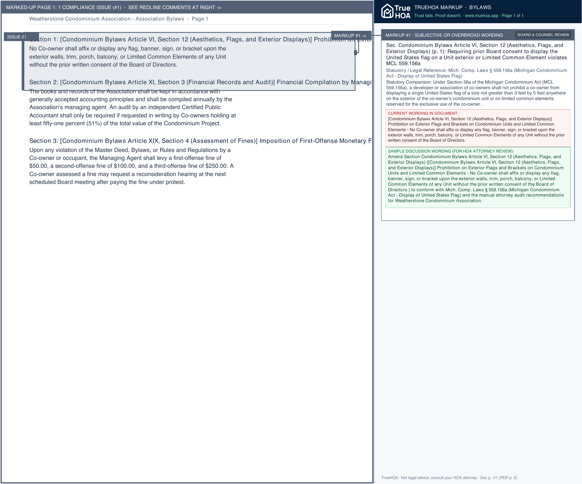 Weatherstone Condominium Association Association Bylaws page 1 widened with TrueHOA Crystal AI margin annotations