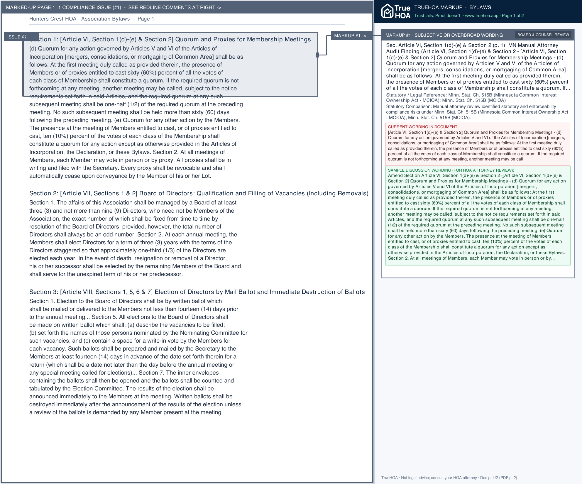 Hunters Crest HOA Association Bylaws page 1 widened with TrueHOA Crystal AI margin annotations