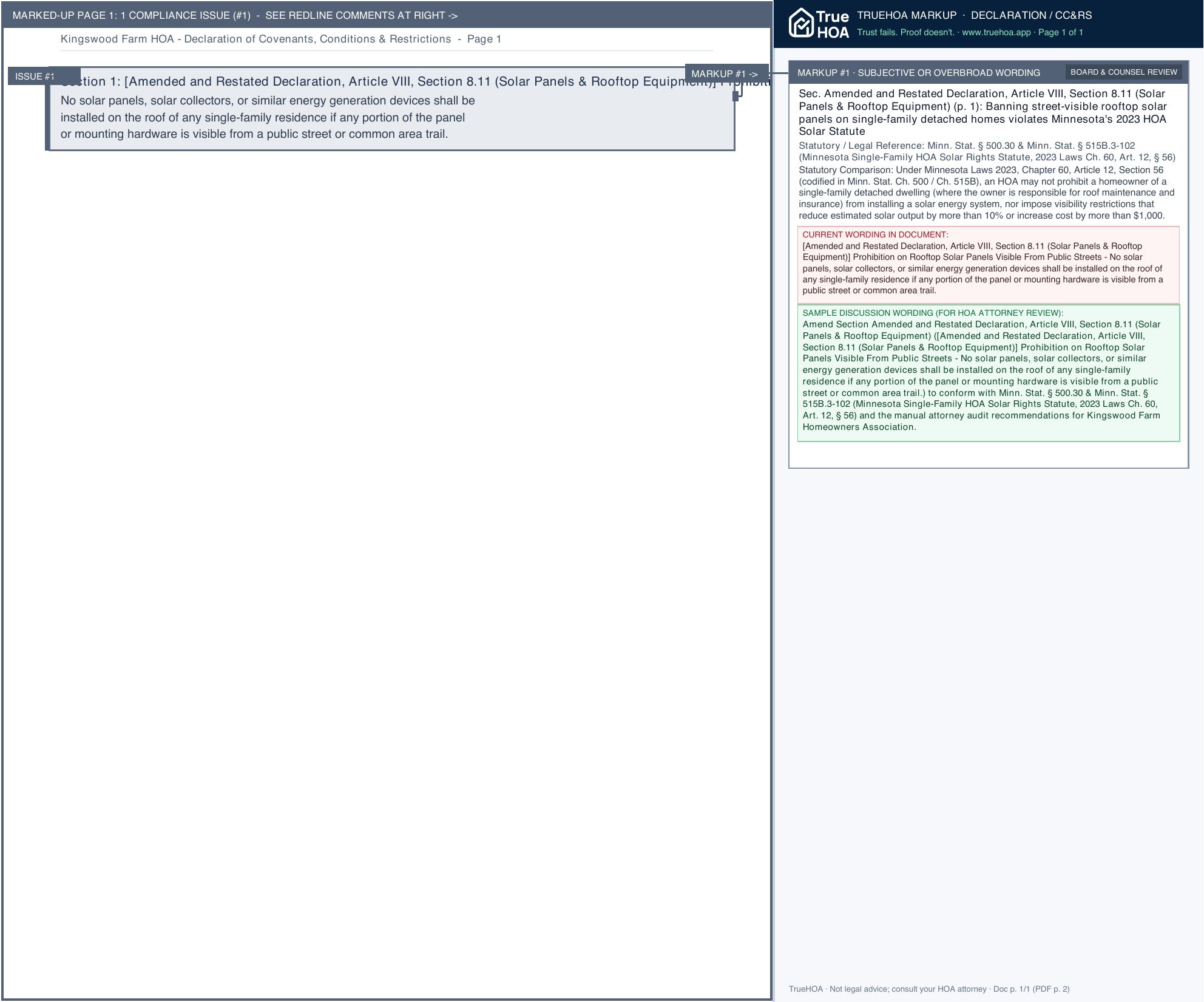 Kingswood Farm HOA Declaration of Covenants, Conditions & Restrictions page 1 widened with TrueHOA Crystal AI margin annotations