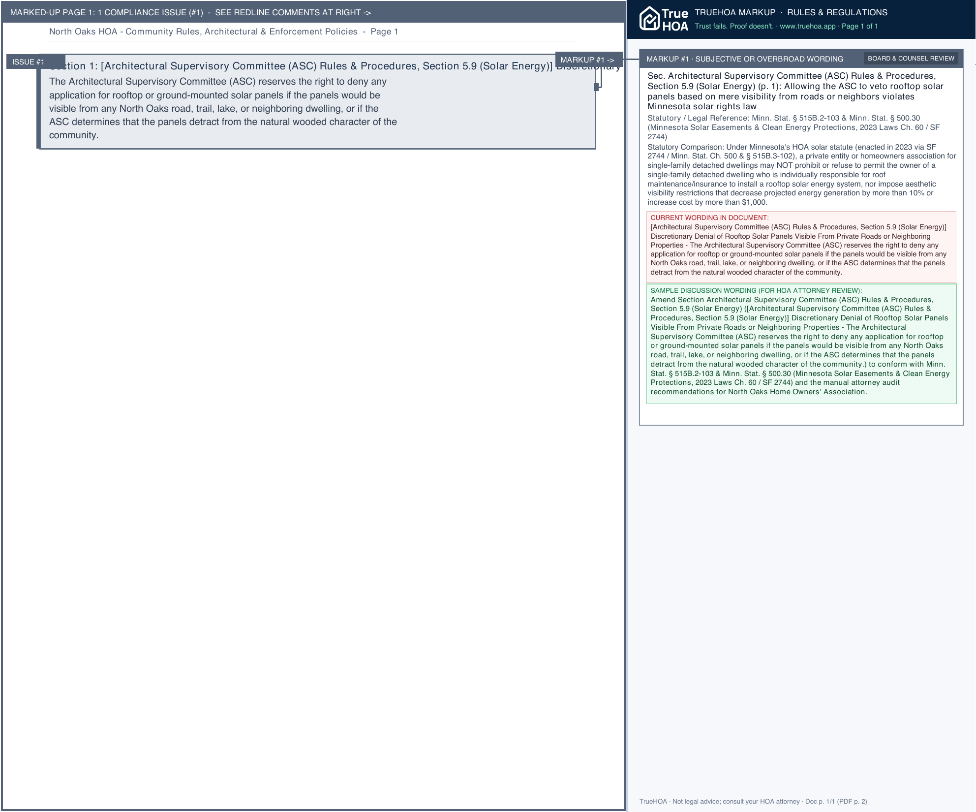 North Oaks HOA Community Rules, Architectural & Enforcement Policies page 1 widened with TrueHOA Crystal AI margin annotations