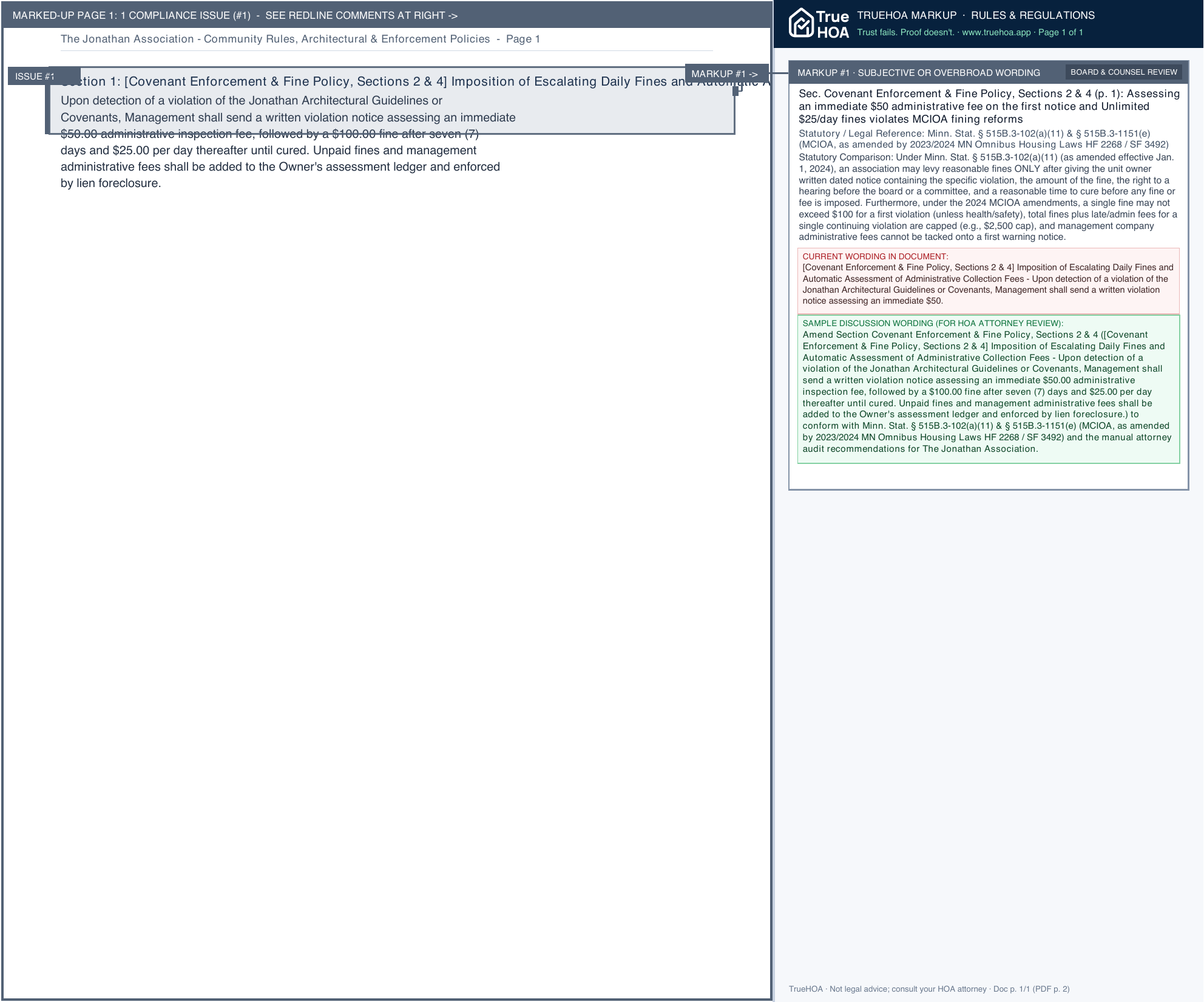 The Jonathan Association Community Rules, Architectural & Enforcement Policies page 1 widened with TrueHOA Crystal AI margin annotations