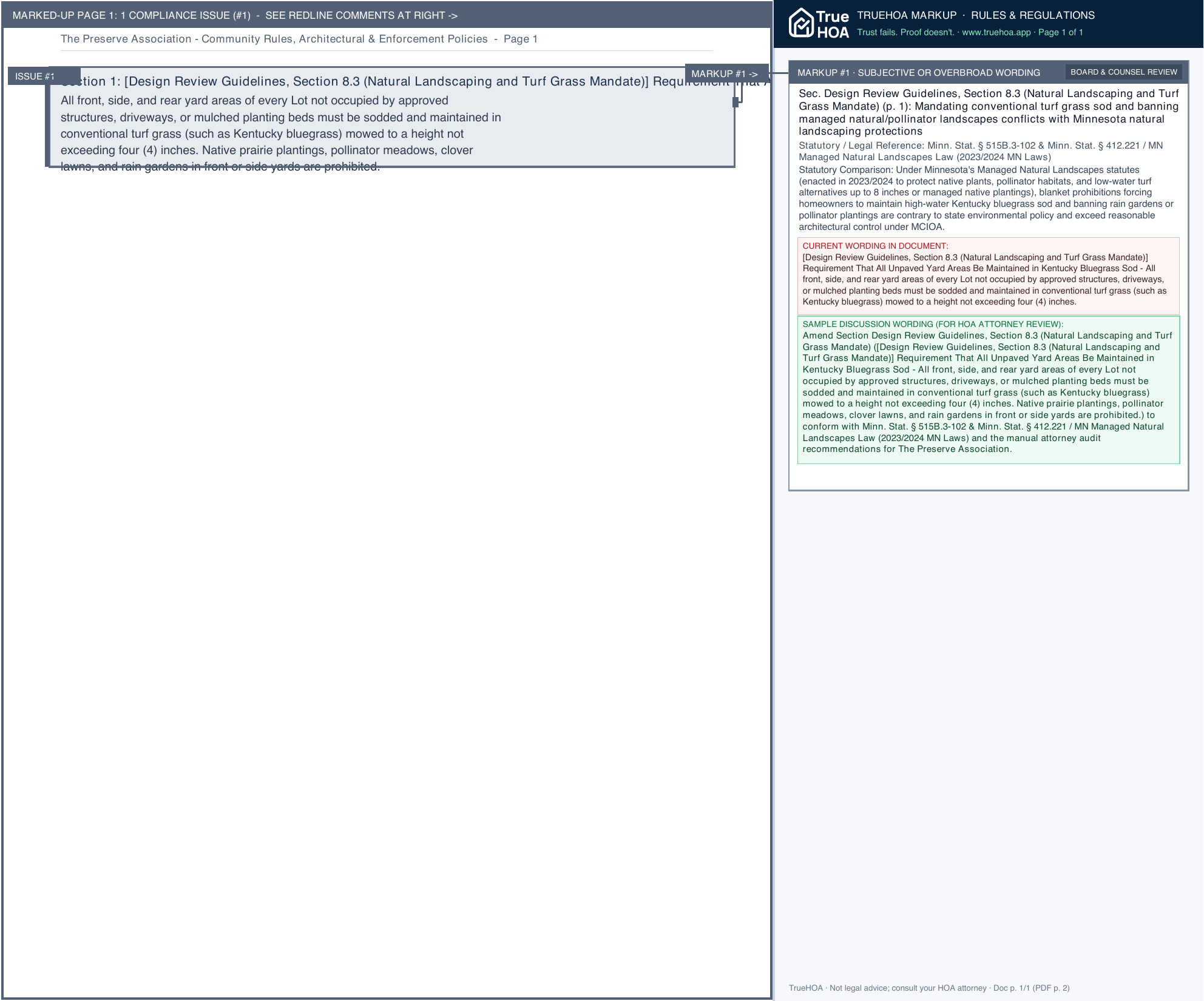 The Preserve Association Community Rules, Architectural & Enforcement Policies page 1 widened with TrueHOA Crystal AI margin annotations