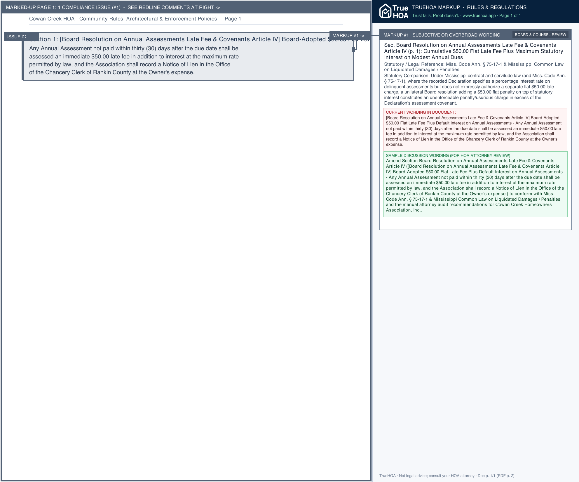 Cowan Creek HOA Community Rules, Architectural & Enforcement Policies page 1 widened with TrueHOA Crystal AI margin annotations