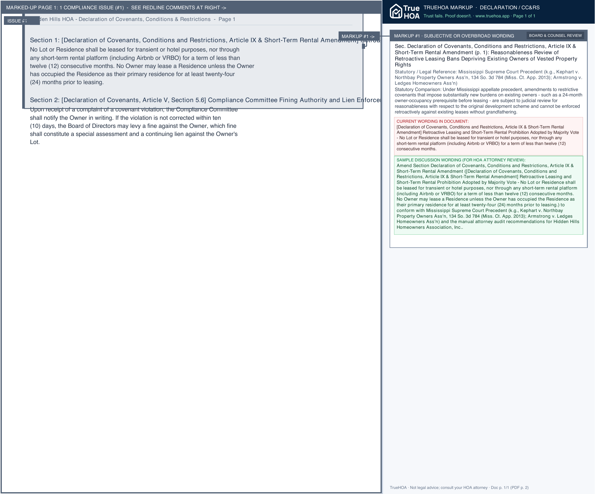 Hidden Hills HOA Declaration of Covenants, Conditions & Restrictions page 1 widened with TrueHOA Crystal AI margin annotations