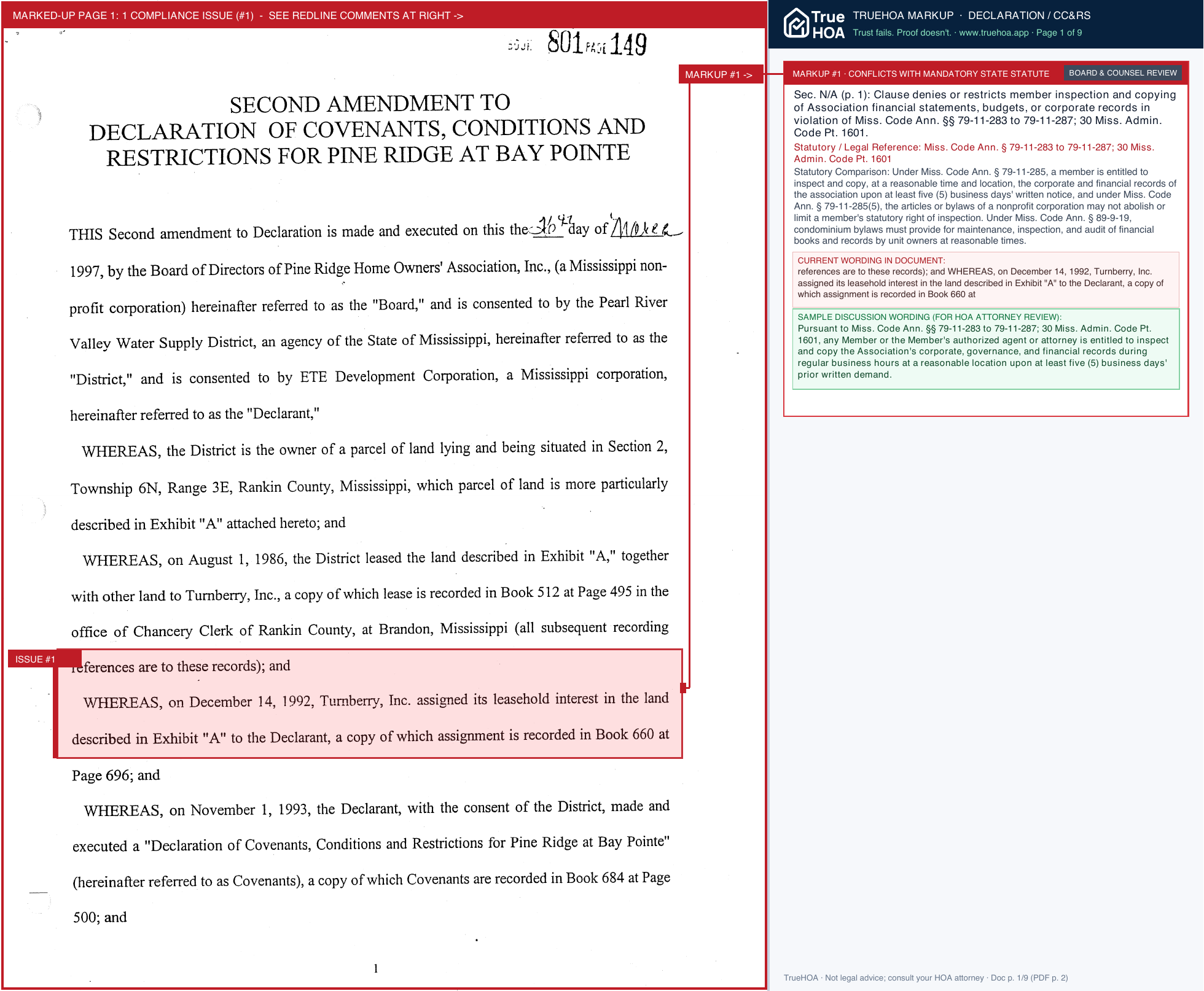 Pine Ridge HOA PRHOA Covenants Amendment 2 page 1 widened with TrueHOA Crystal AI margin annotations