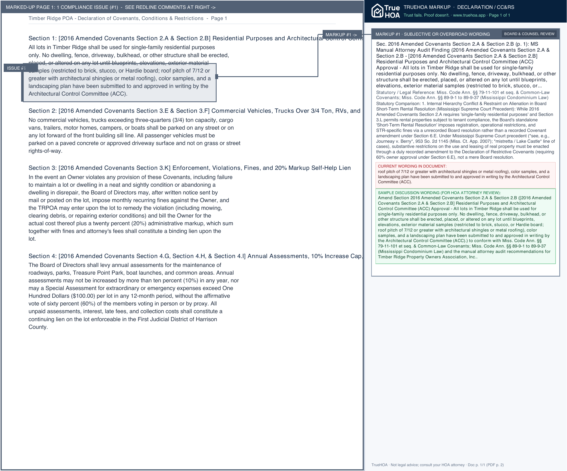 Timber Ridge POA Declaration of Covenants, Conditions & Restrictions page 1 widened with TrueHOA Crystal AI margin annotations