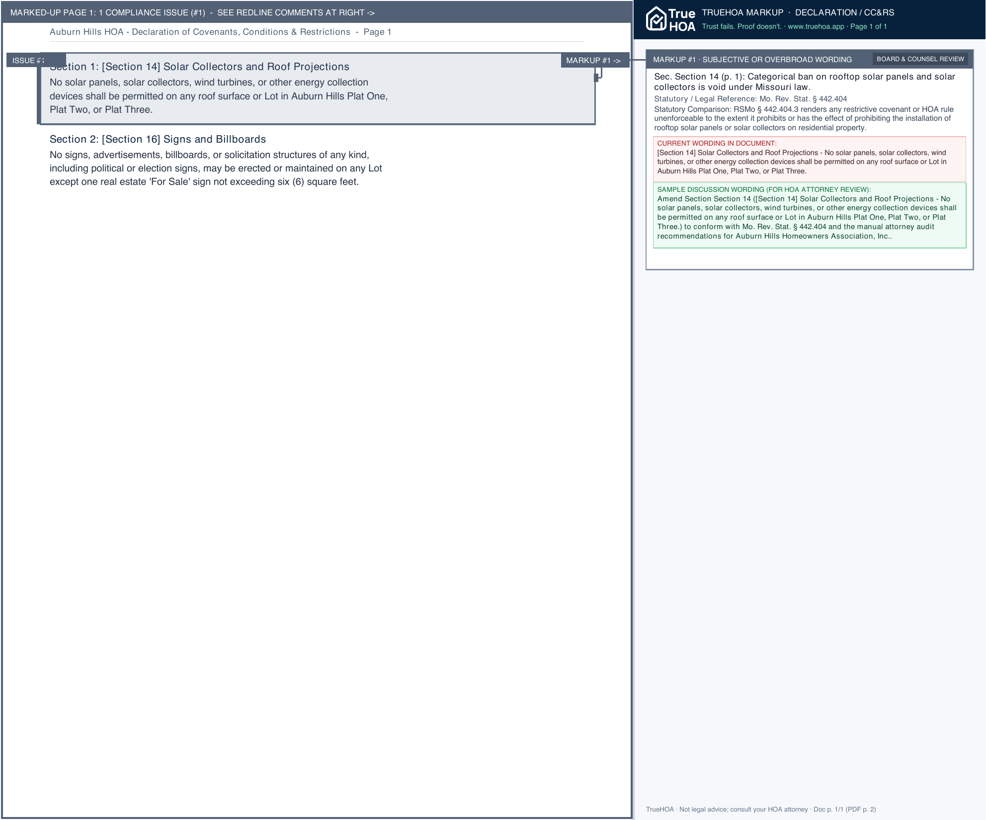 Auburn Hills HOA Declaration of Covenants, Conditions & Restrictions page 1 widened with TrueHOA Crystal AI margin annotations