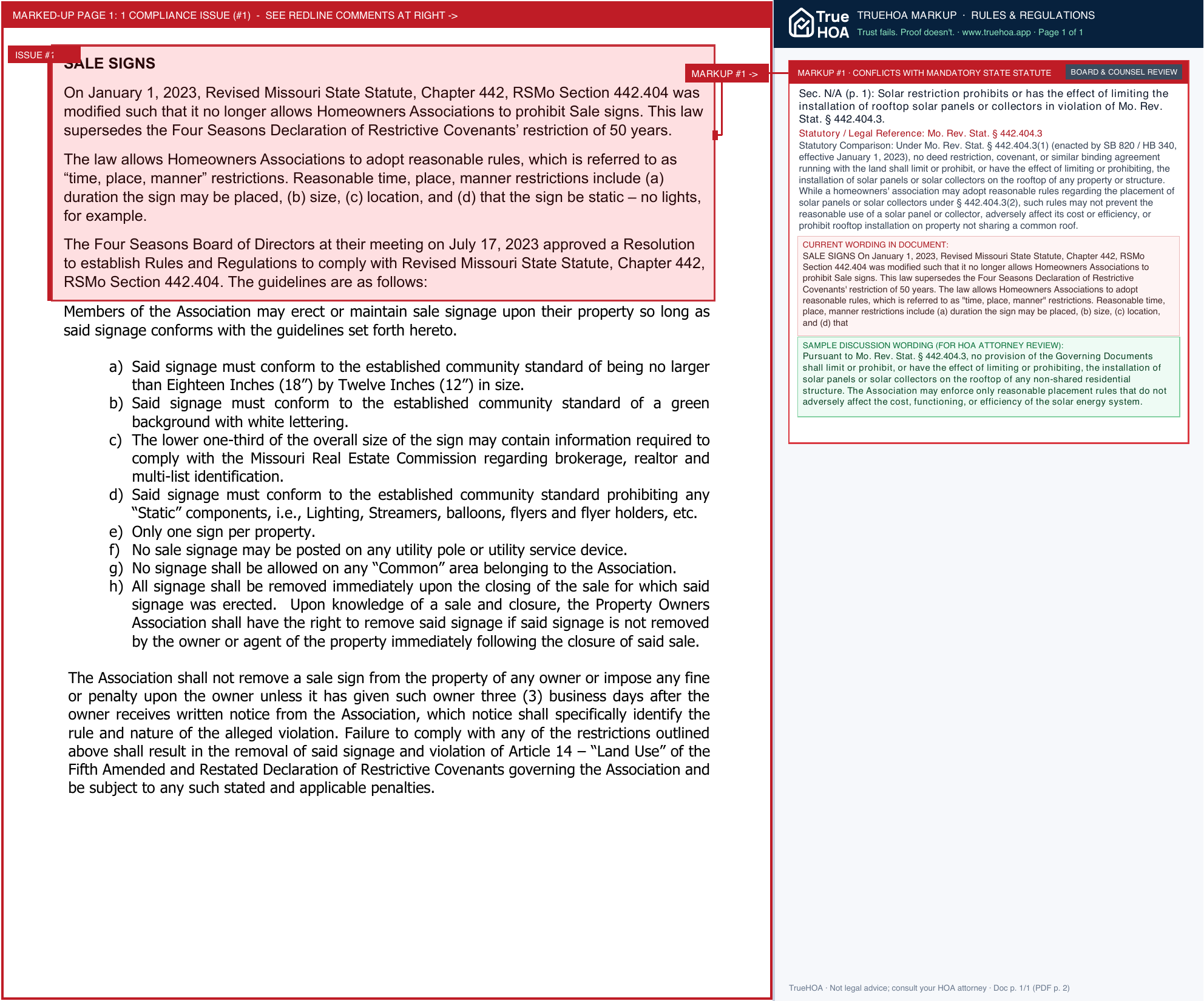 Four Seasons POA For Sale Sign Policy page 1 widened with TrueHOA Crystal AI margin annotations