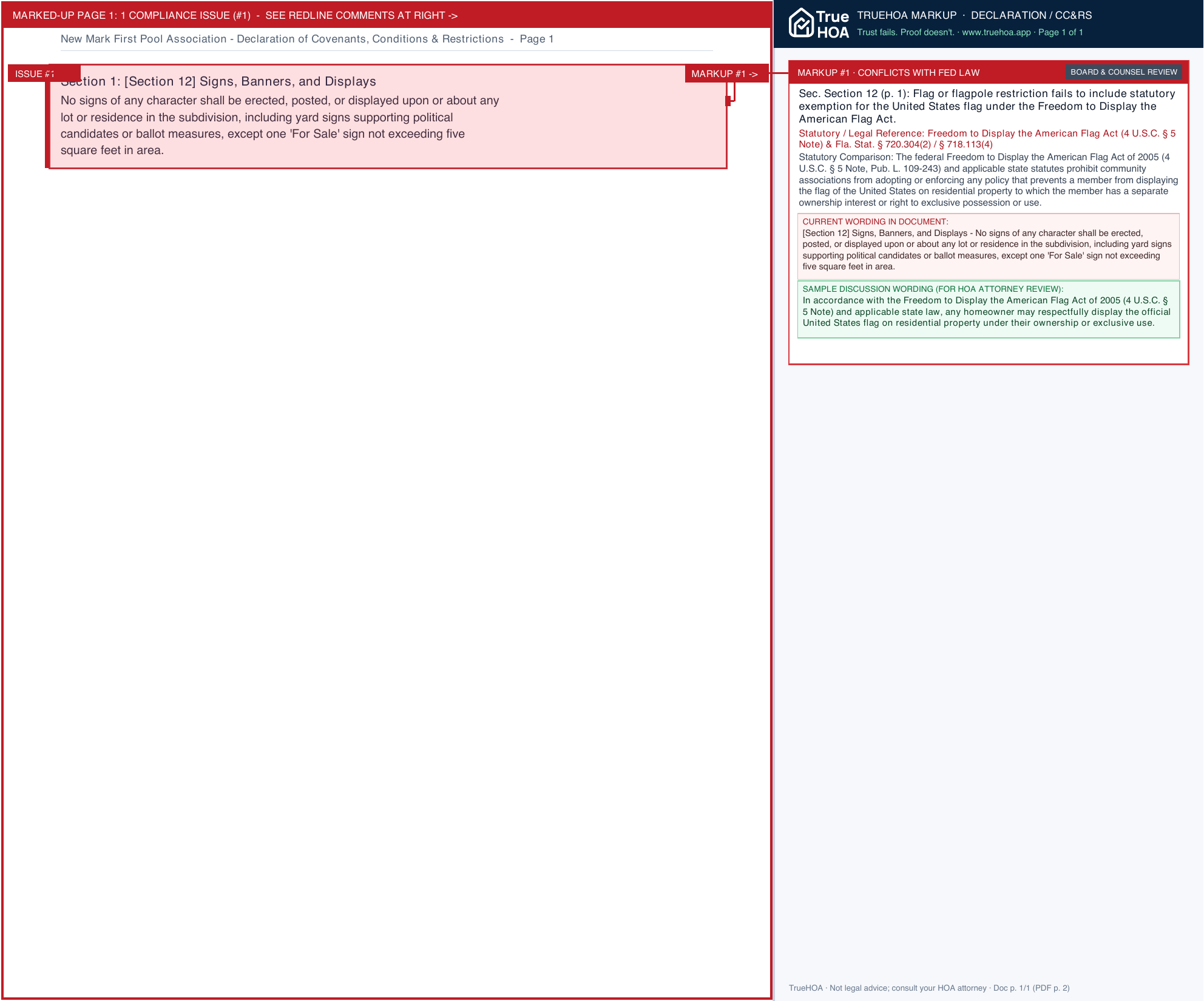 New Mark First Pool Association Declaration of Covenants, Conditions & Restrictions page 1 widened with TrueHOA Crystal AI margin annotations