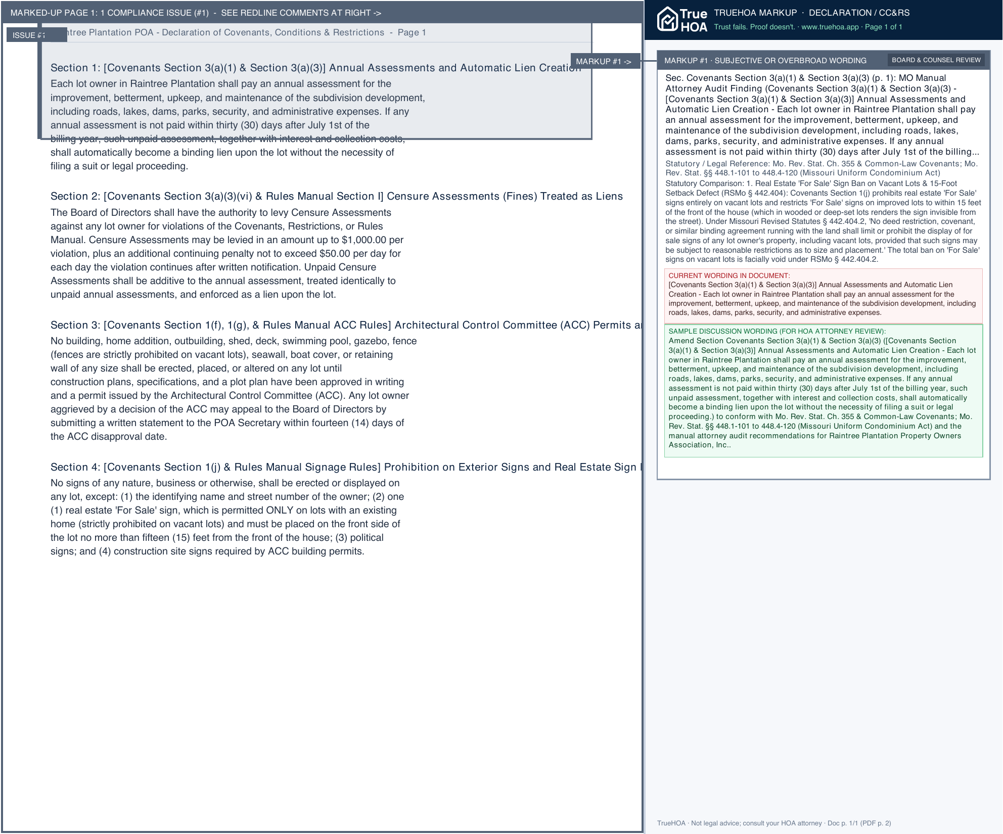 Raintree Plantation POA Declaration of Covenants, Conditions & Restrictions page 1 widened with TrueHOA Crystal AI margin annotations