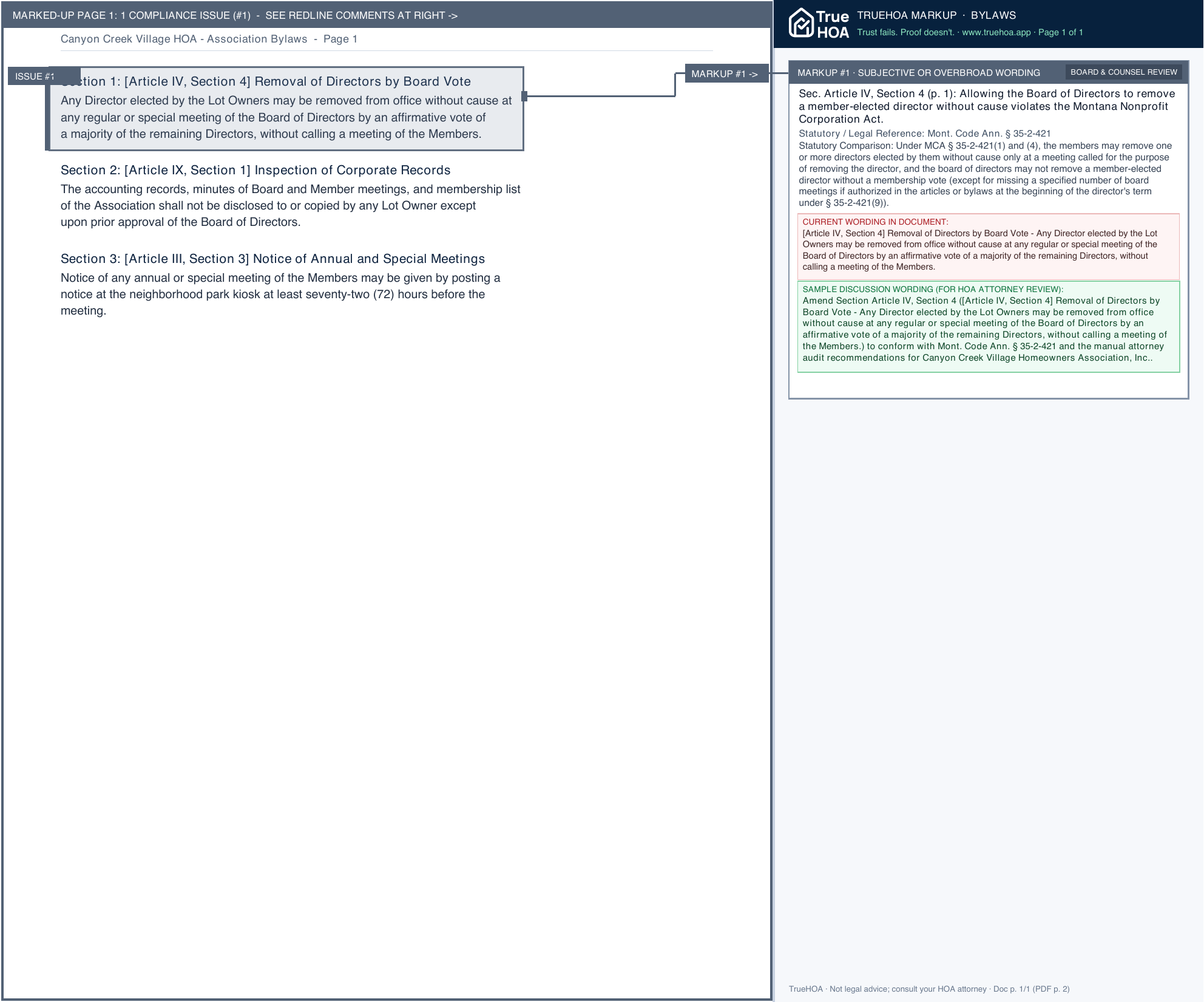 Canyon Creek Village HOA Association Bylaws page 1 widened with TrueHOA Crystal AI margin annotations