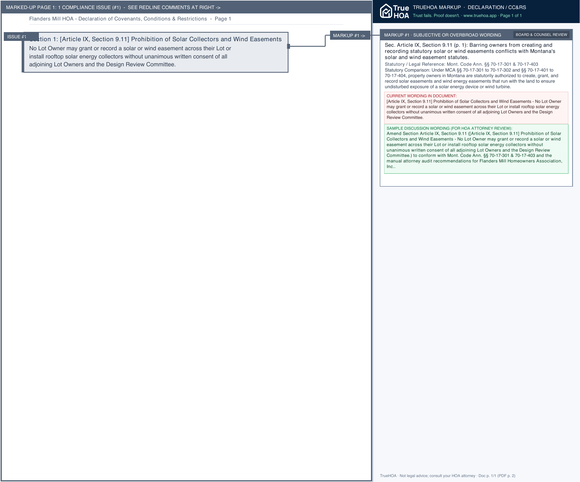 Flanders Mill HOA Declaration of Covenants, Conditions & Restrictions page 1 widened with TrueHOA Crystal AI margin annotations