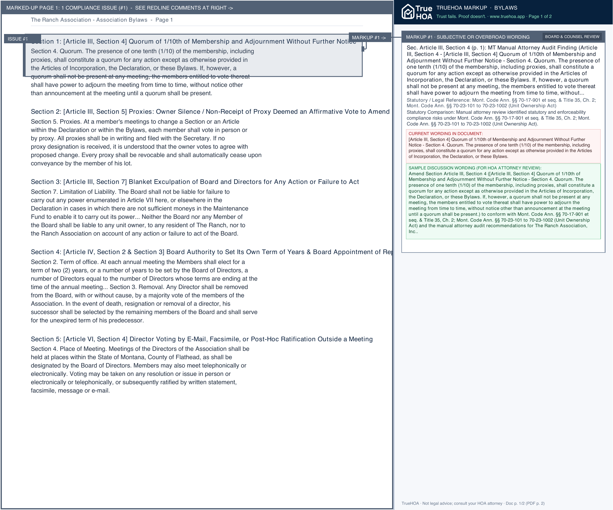 The Ranch Association Association Bylaws page 1 widened with TrueHOA Crystal AI margin annotations