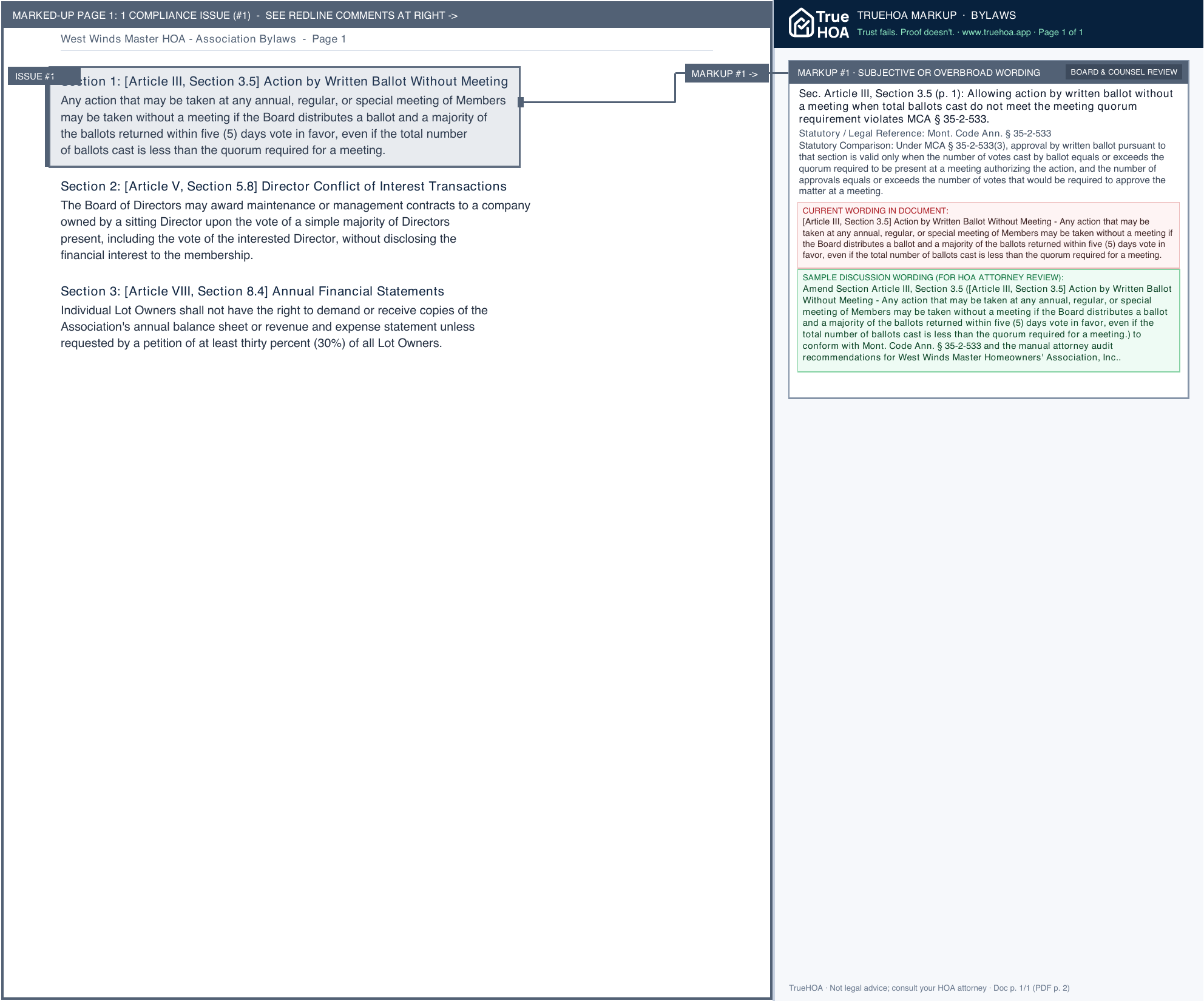 West Winds Master HOA Association Bylaws page 1 widened with TrueHOA Crystal AI margin annotations