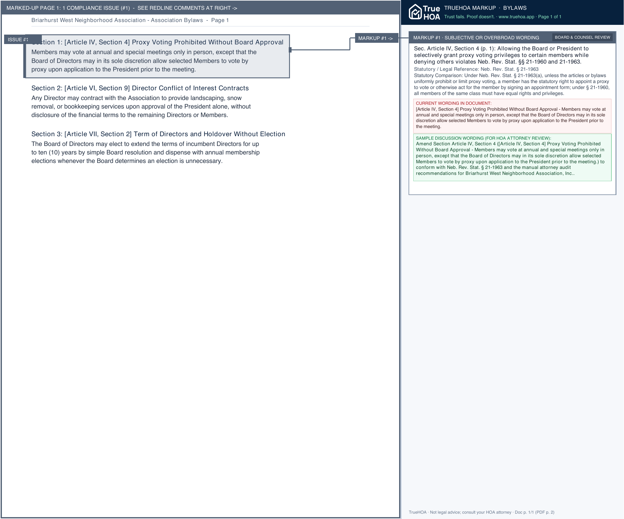 Briarhurst West Neighborhood Association Association Bylaws page 1 widened with TrueHOA Crystal AI margin annotations
