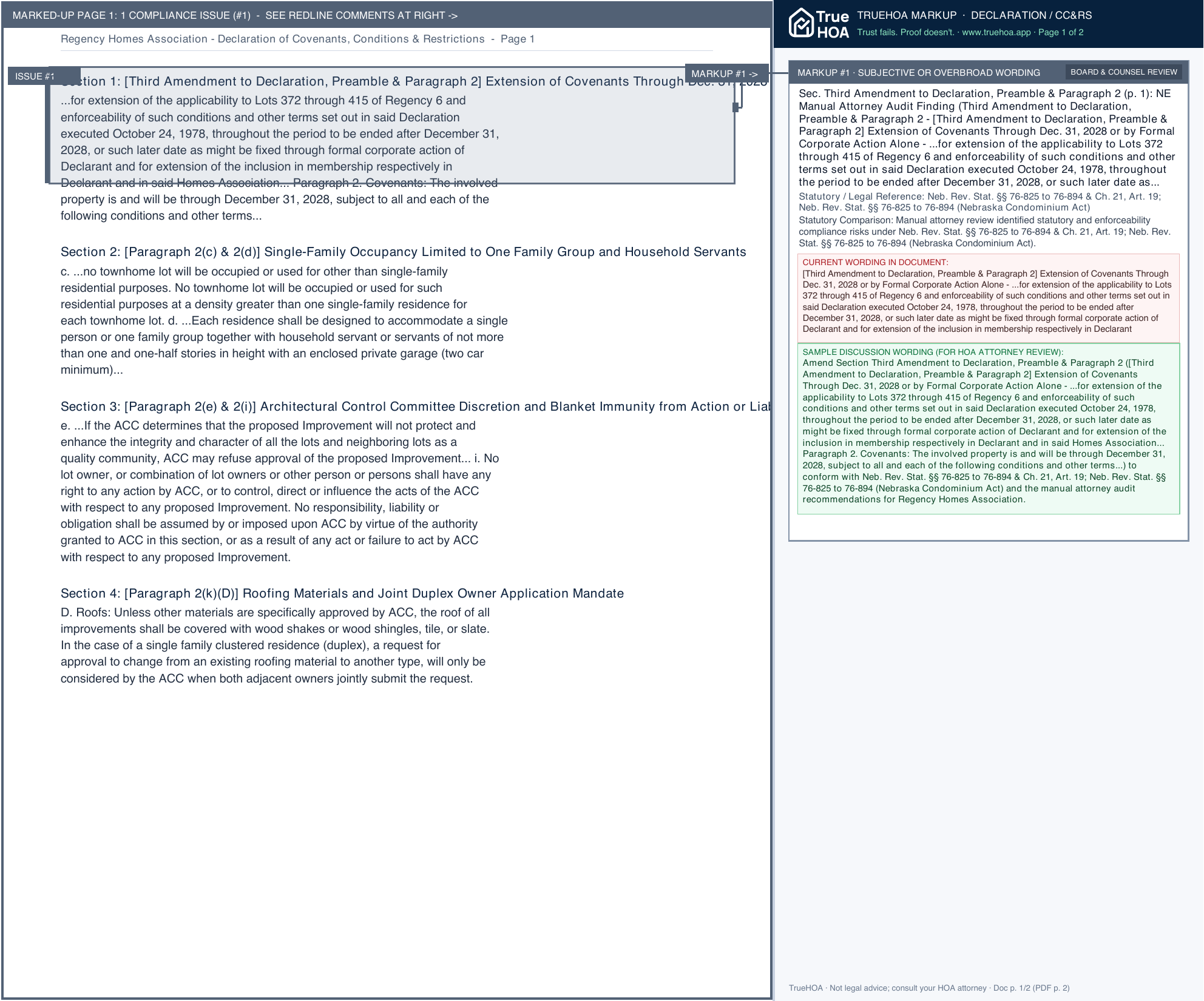 Regency Homes Association Declaration of Covenants, Conditions & Restrictions page 1 widened with TrueHOA Crystal AI margin annotations