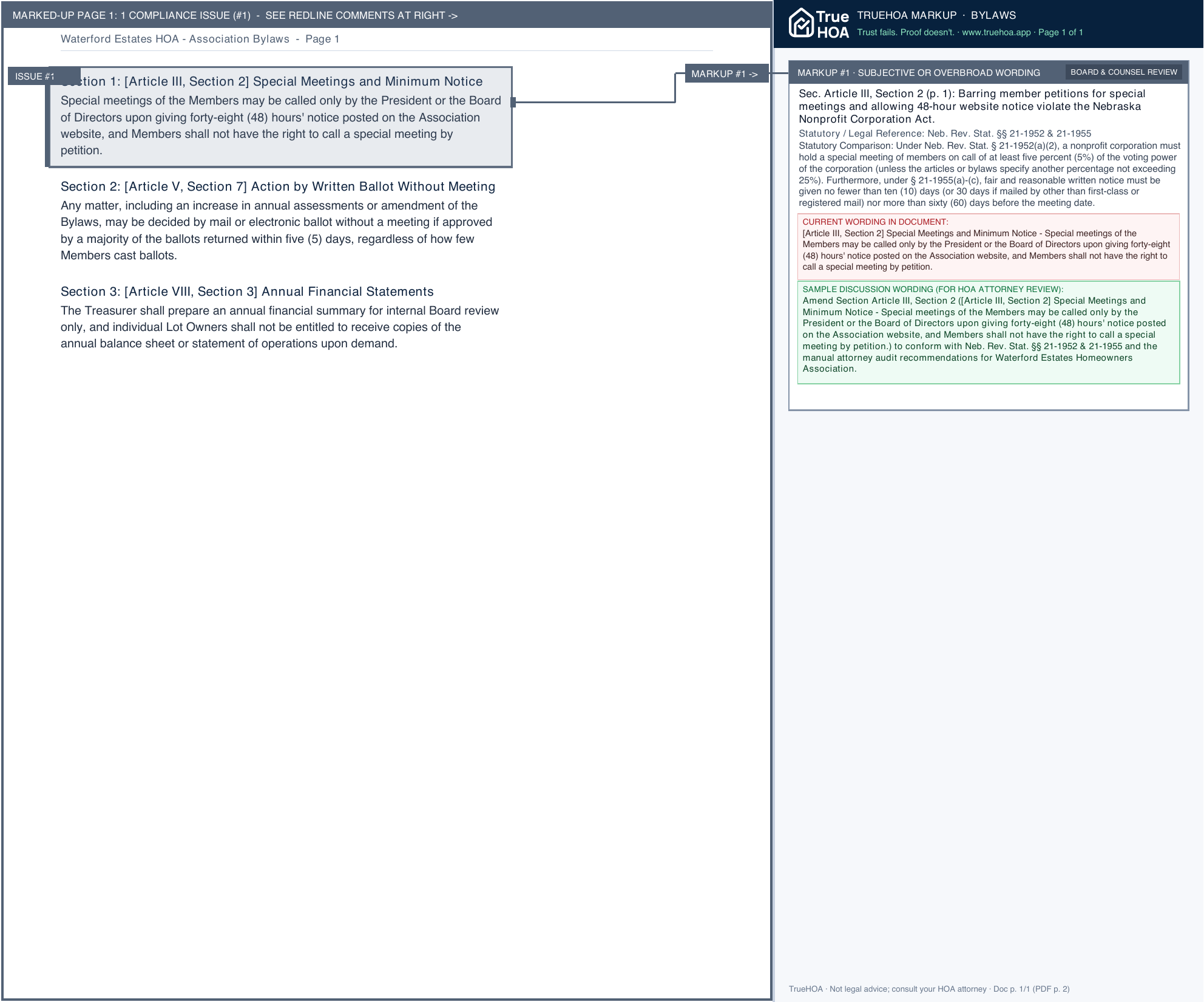 Waterford Estates HOA Association Bylaws page 1 widened with TrueHOA Crystal AI margin annotations