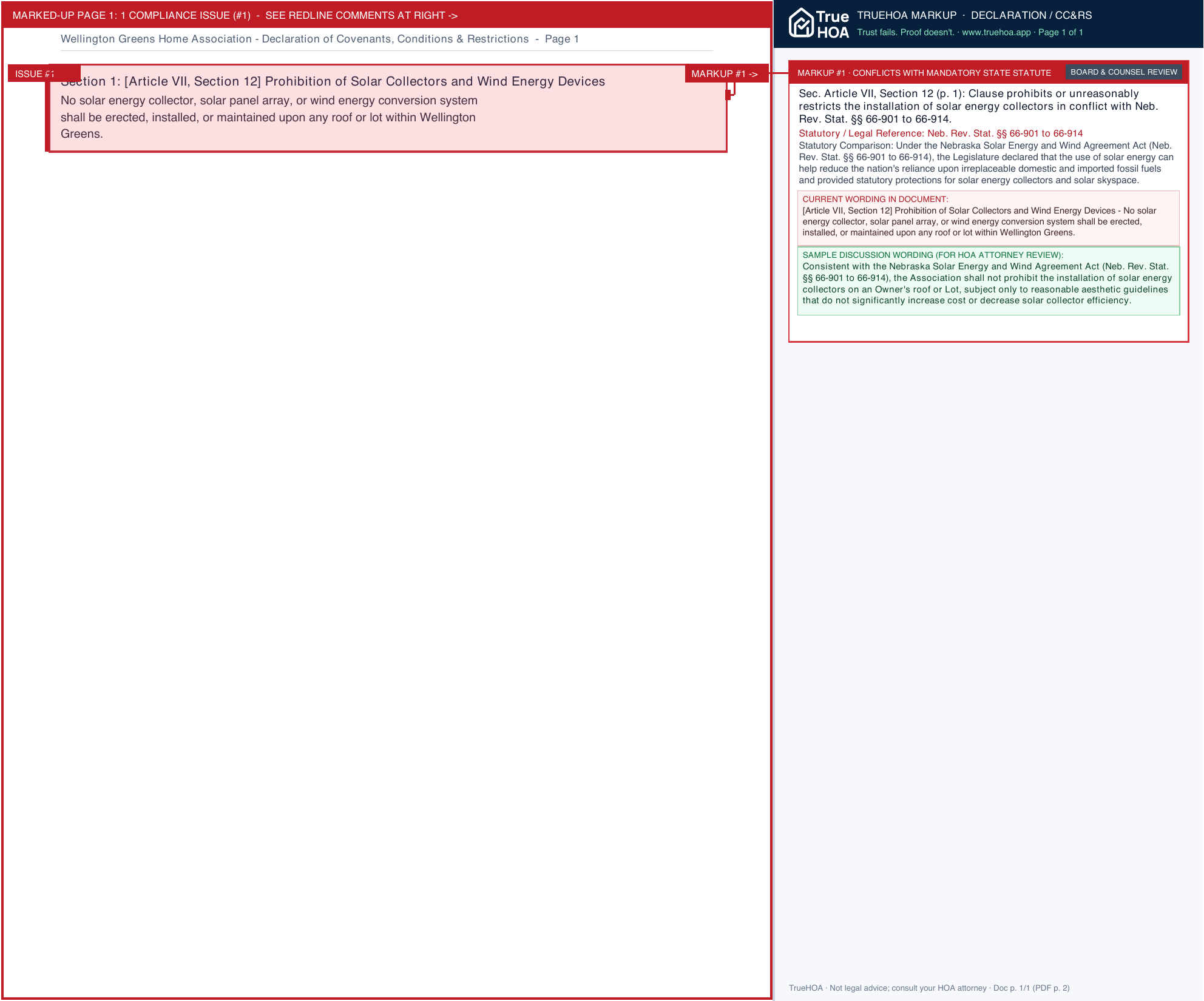 Wellington Greens Home Association Declaration of Covenants, Conditions & Restrictions page 1 widened with TrueHOA Crystal AI margin annotations