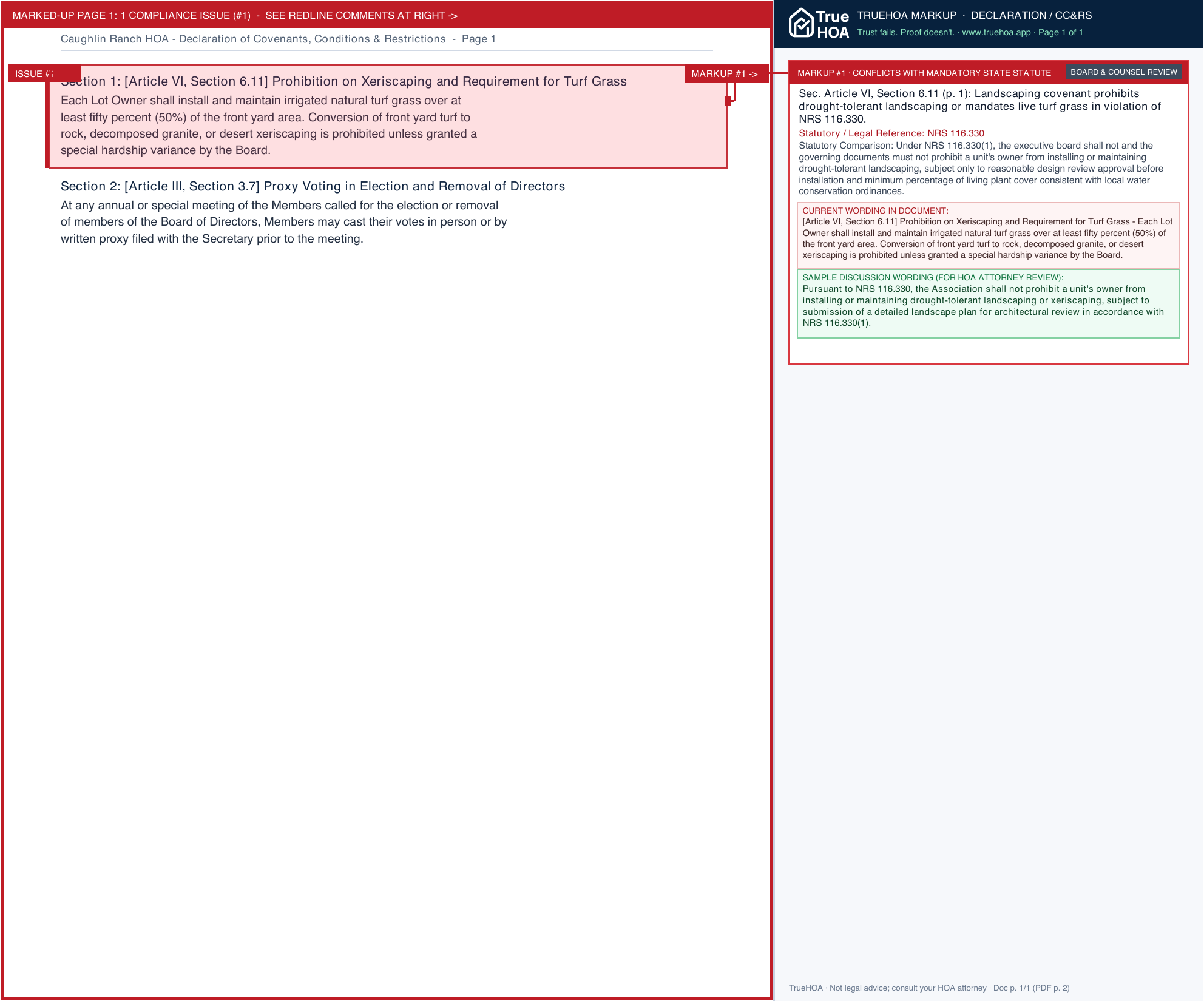 Caughlin Ranch HOA Declaration of Covenants, Conditions & Restrictions page 1 widened with TrueHOA Crystal AI margin annotations